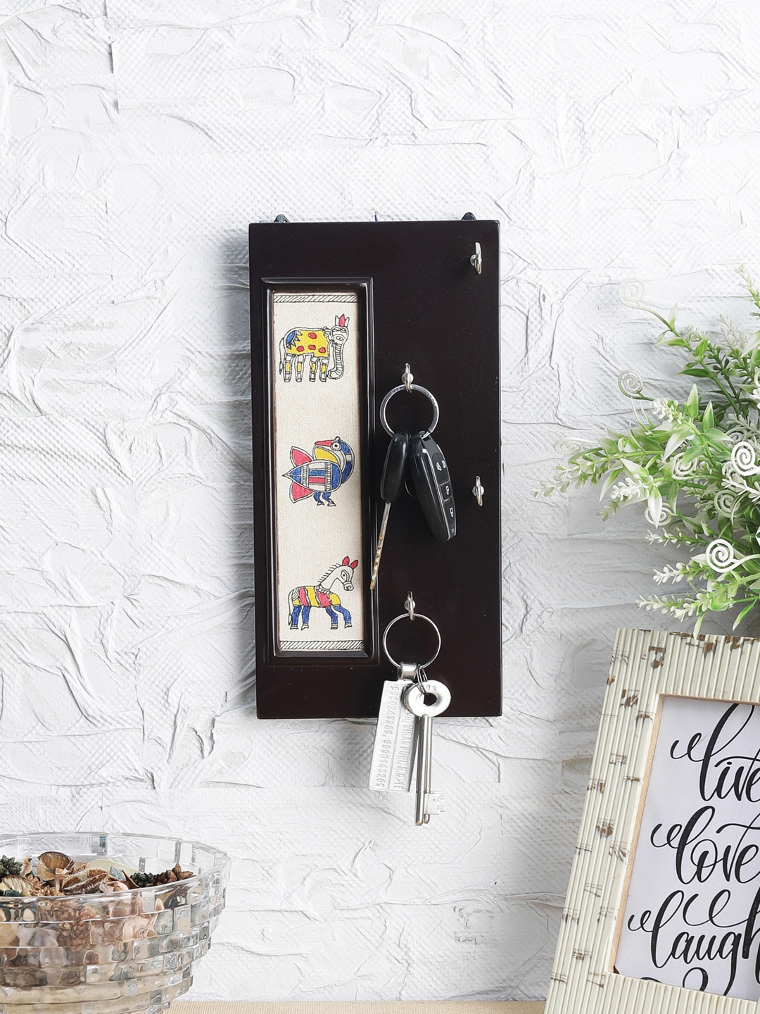 

VarEesha Brown & Off-White Madhubani Work Animals Hand-made Wall Mounting Wooden Key Holder, Black