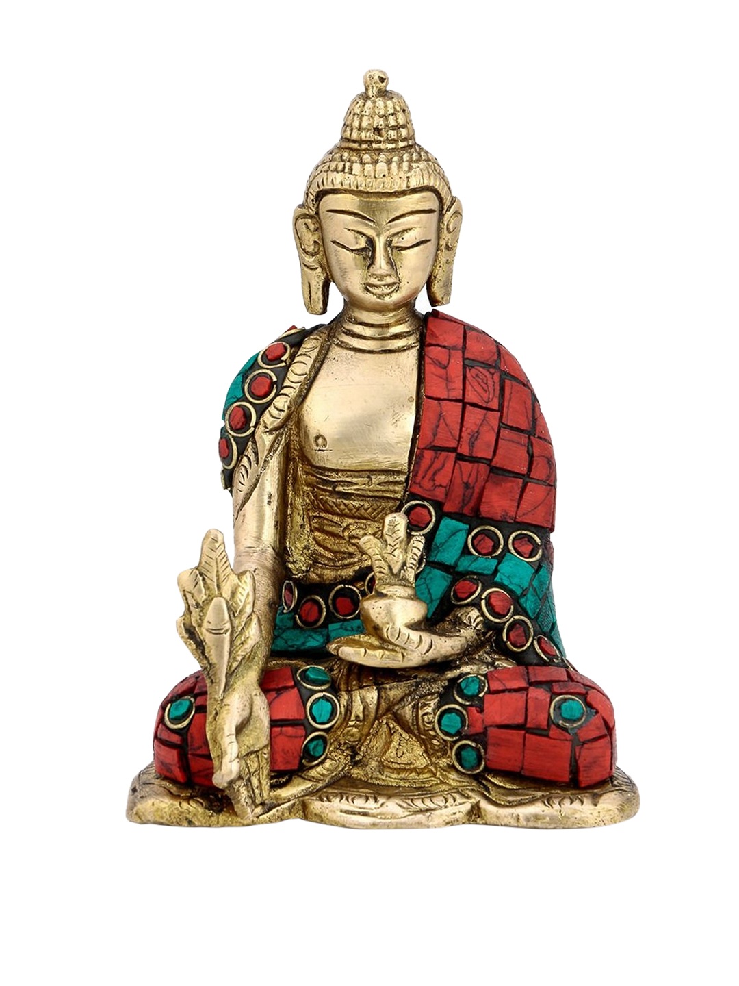

CraftVatika Gold-Toned & Red Medicine Lord Buddha Brass Idol Showpiece