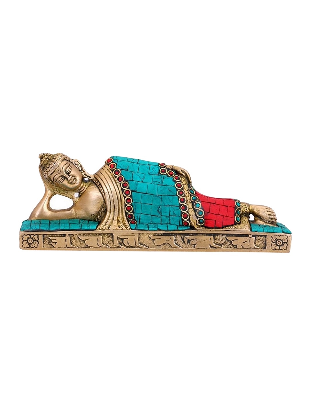 

CraftVatika Gold-Toned & Turquoise Blue Handcrafted Sleeping Buddha Brass Showpiece