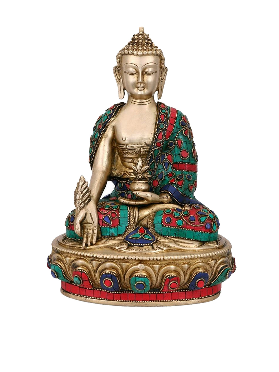 

CraftVatika Gold-Toned & Green Handcrafted Tibetan Shakyamuni Brass Buddha Statue