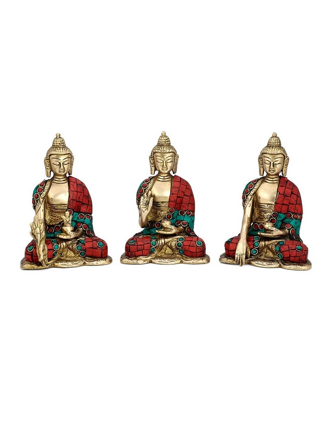 

CraftVatika Set of 3 Gold-Toned & Red Buddha Blessing Medicine Meditating Idol Showpieces
