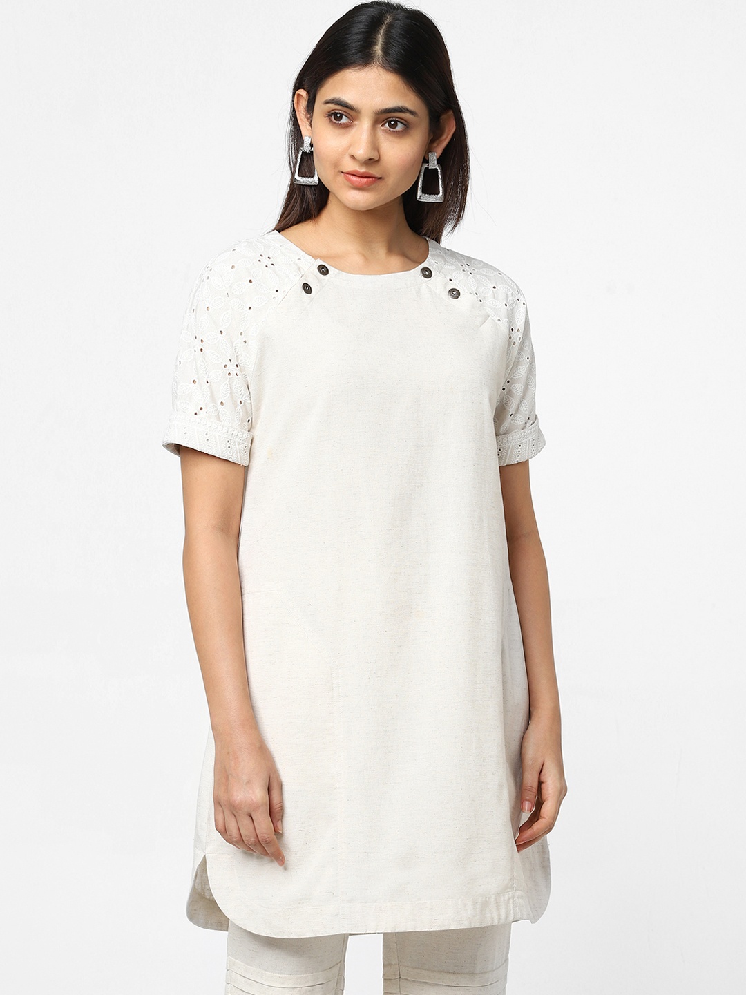 

Naari Women White Embroidered Schiffli Tunic