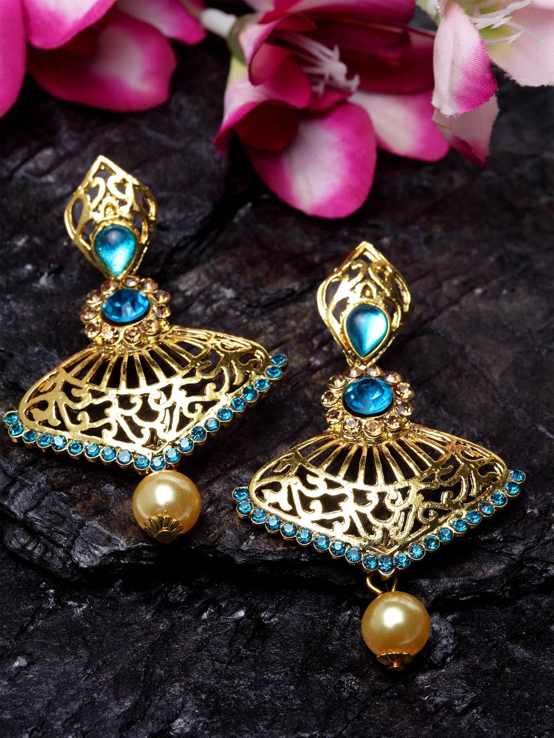

ANIKAS CREATION Gold-Plated Turquoise Blue Classic Drop Earrings