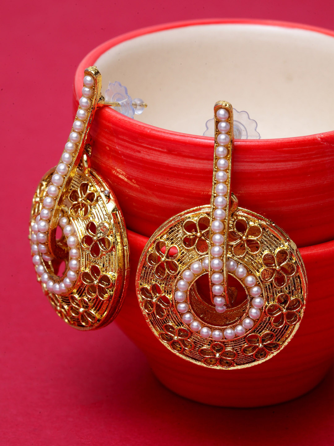 

ANIKAS CREATION Gold-Toned Circular Drop Earrings