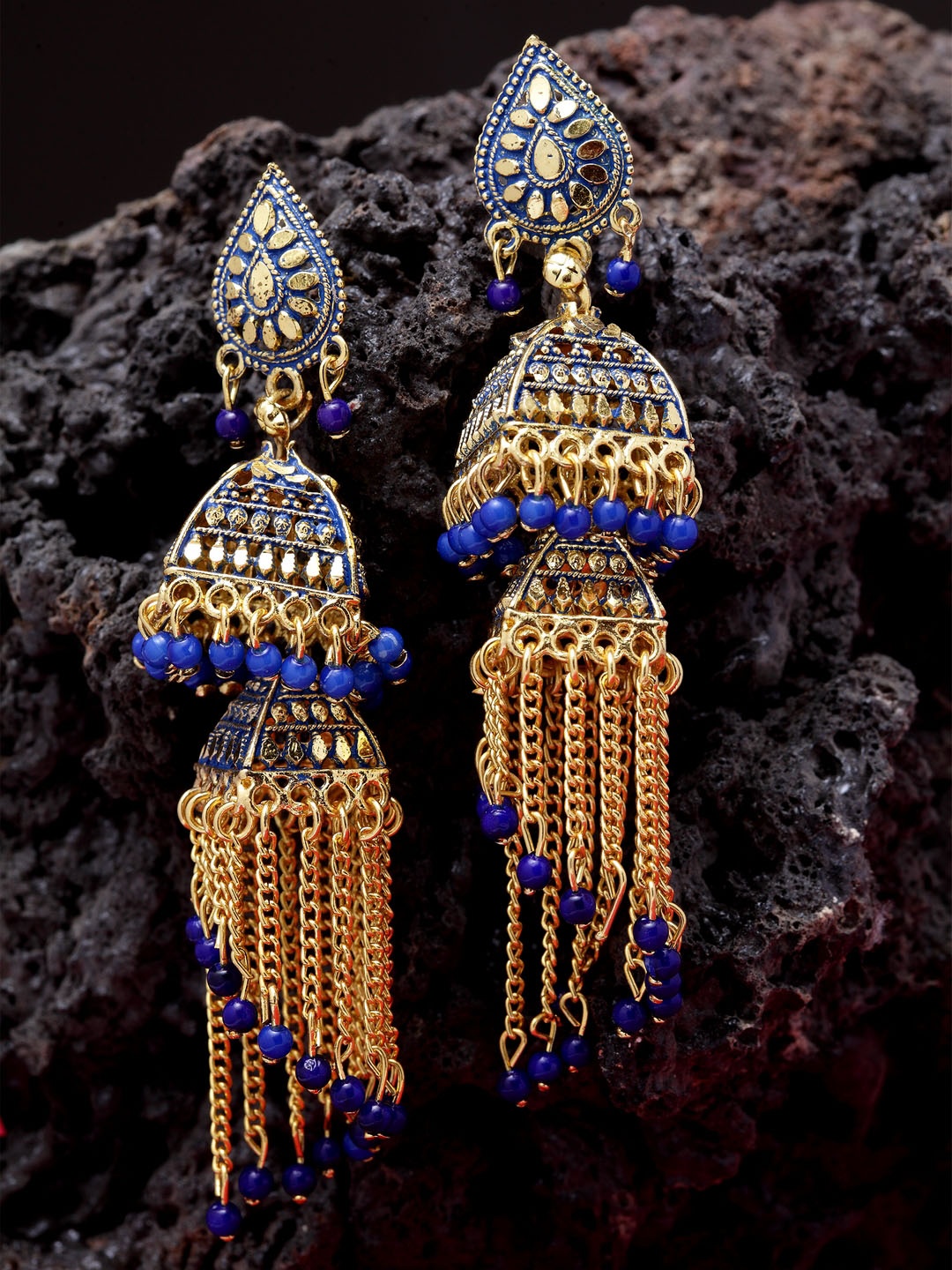 

ANIKAS CREATION Blue & Gold-Toned Dome Shaped Jhumkas