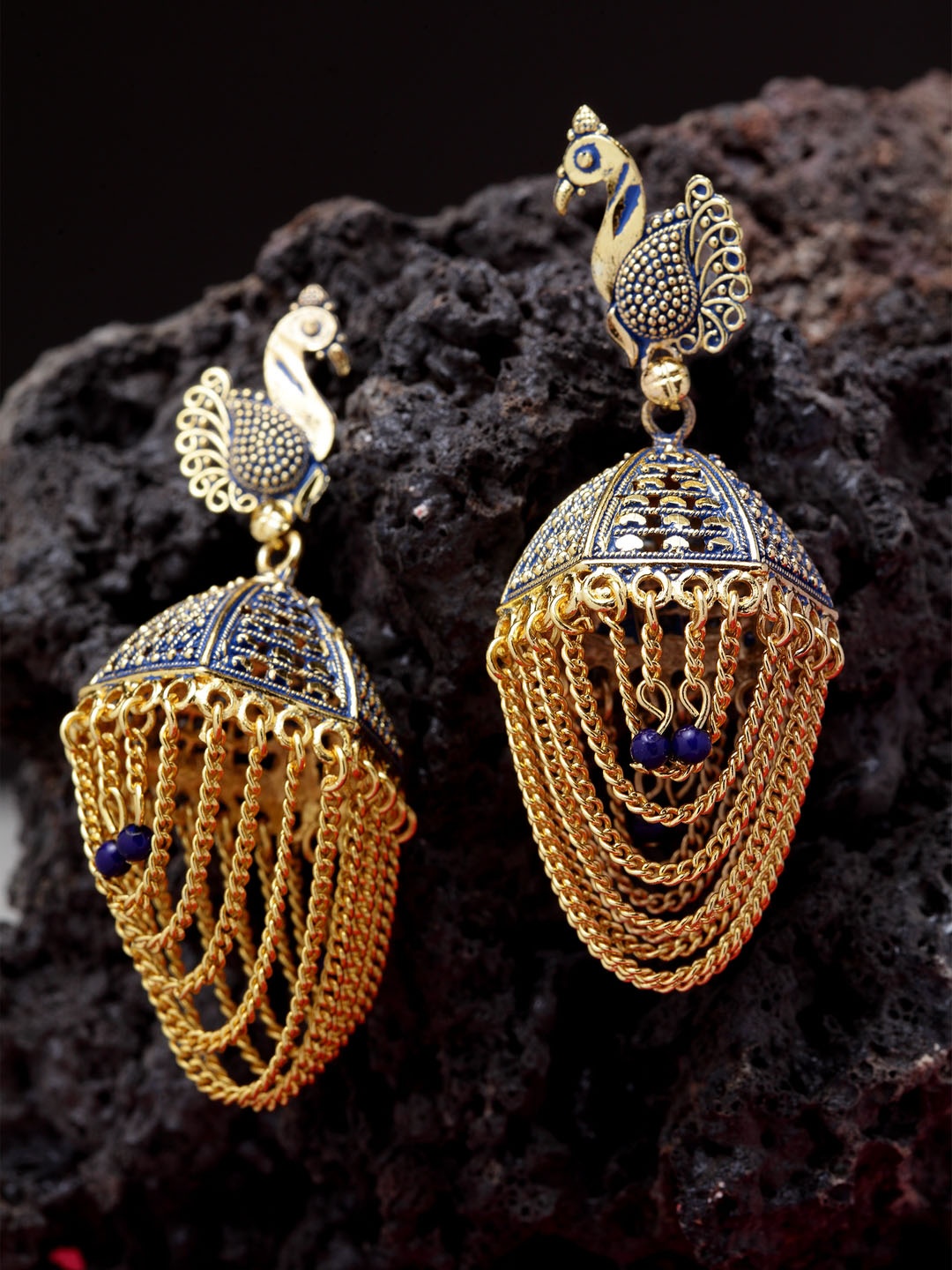 

ANIKAS CREATION Blue Gold-Plated Enamelled Tasselled Peacock Shaped Jhumkas