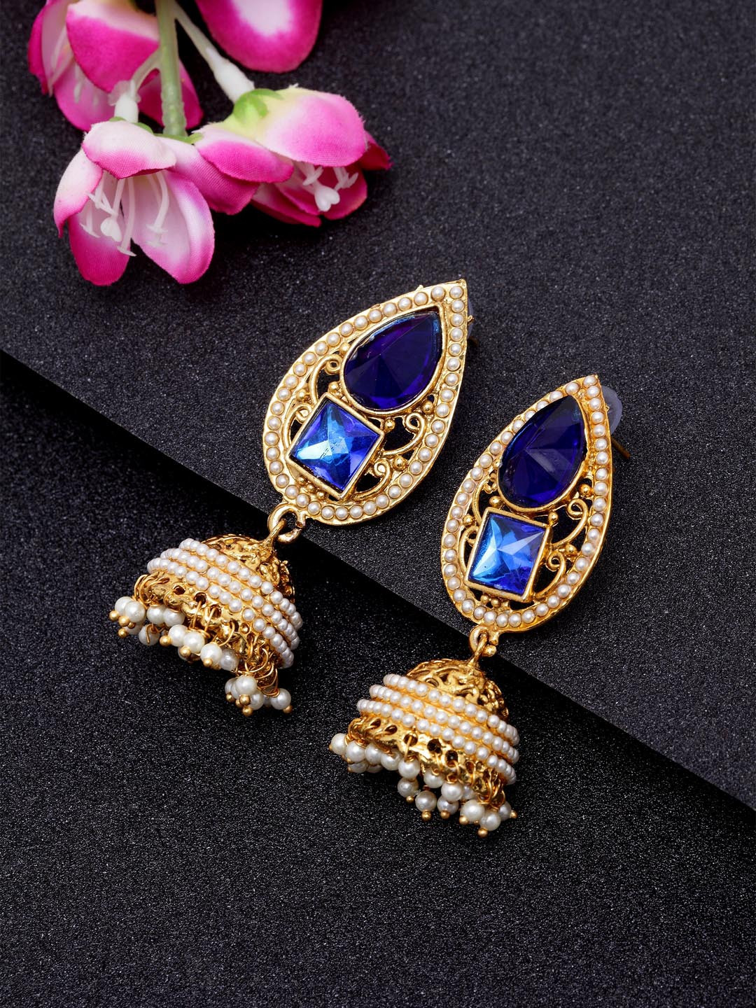

ANIKAS CREATION Blue Gold-Plated Handcrafted Dome Shaped Jhumkas