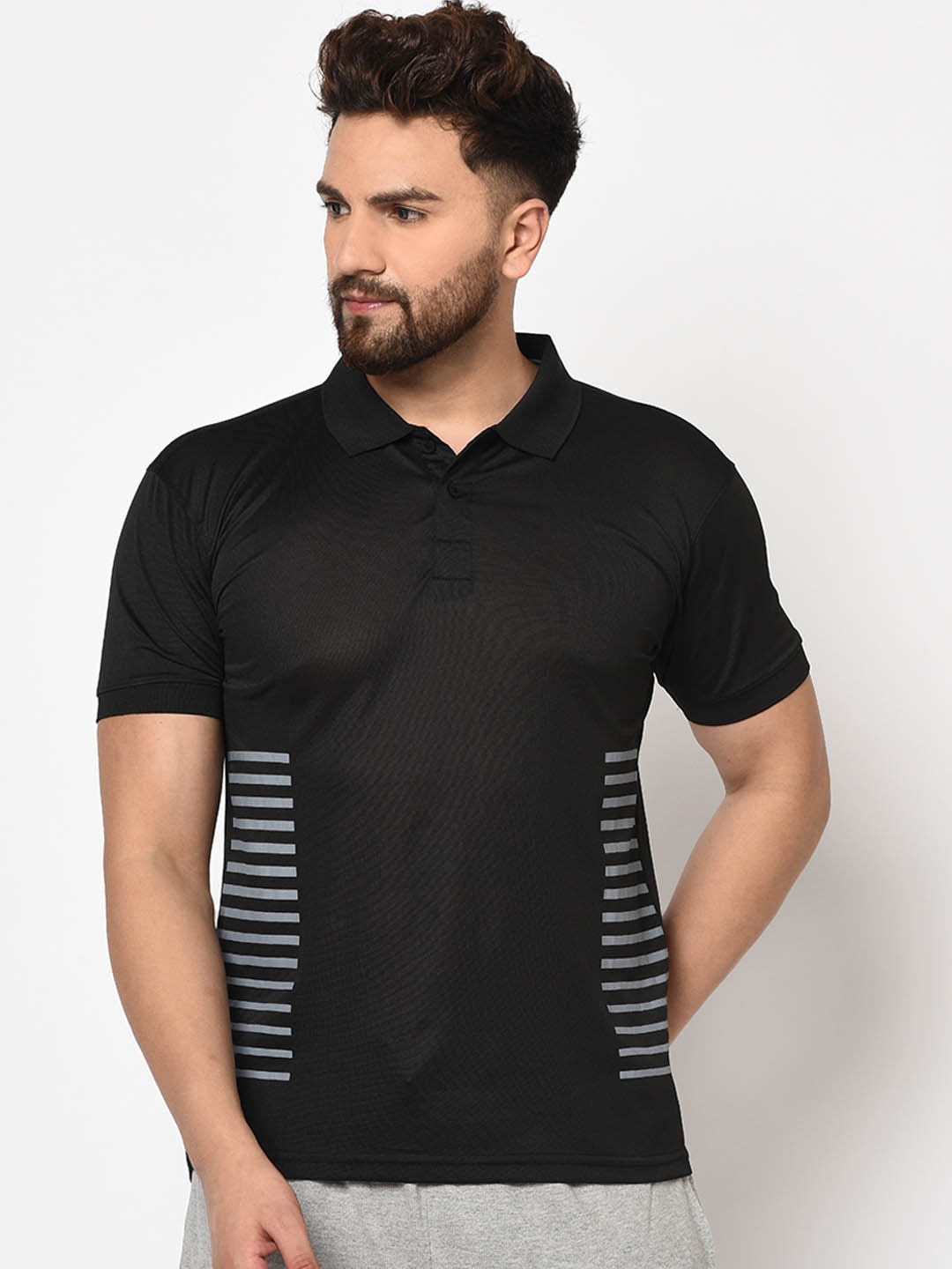 

ARMISTO Men Black Striped Polo Collar DRI-FIT T-shirt