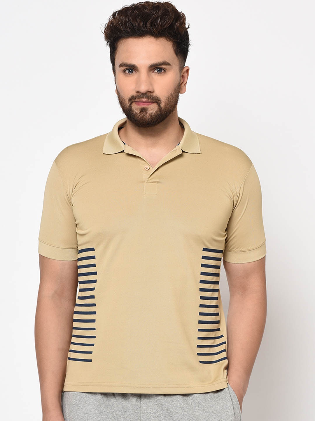 

ARMISTO Men Beige & Navy Blue Striped Polo Collar DRI-FIT T-shirt