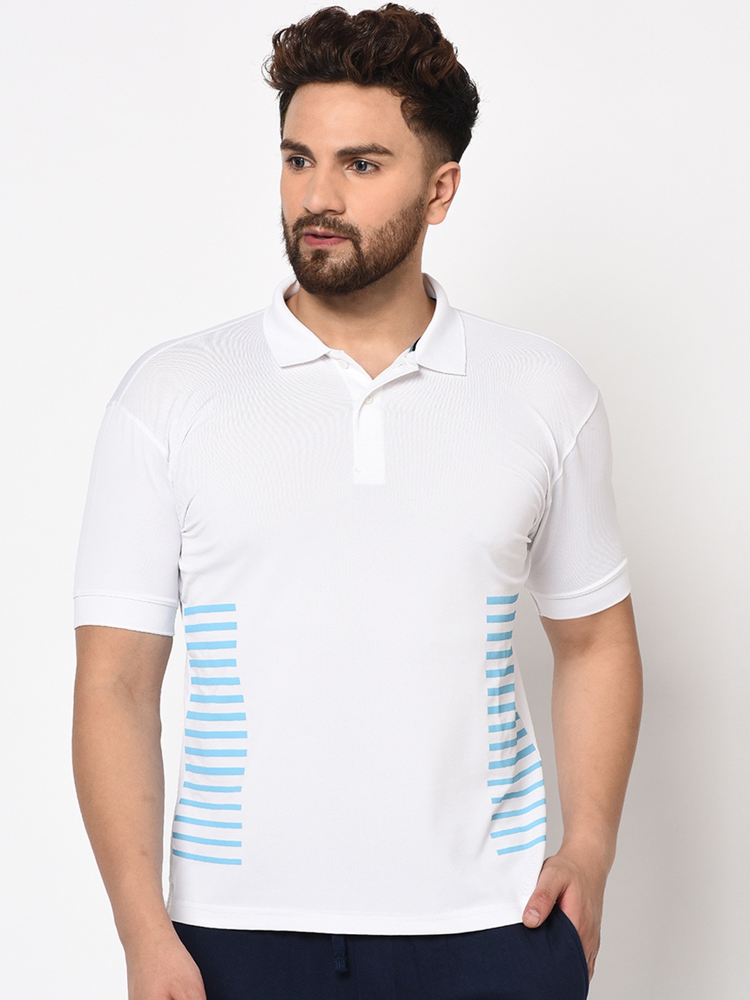 

ARMISTO Men White & Blue Striped Dri-Fit Polo Collar T-shirt