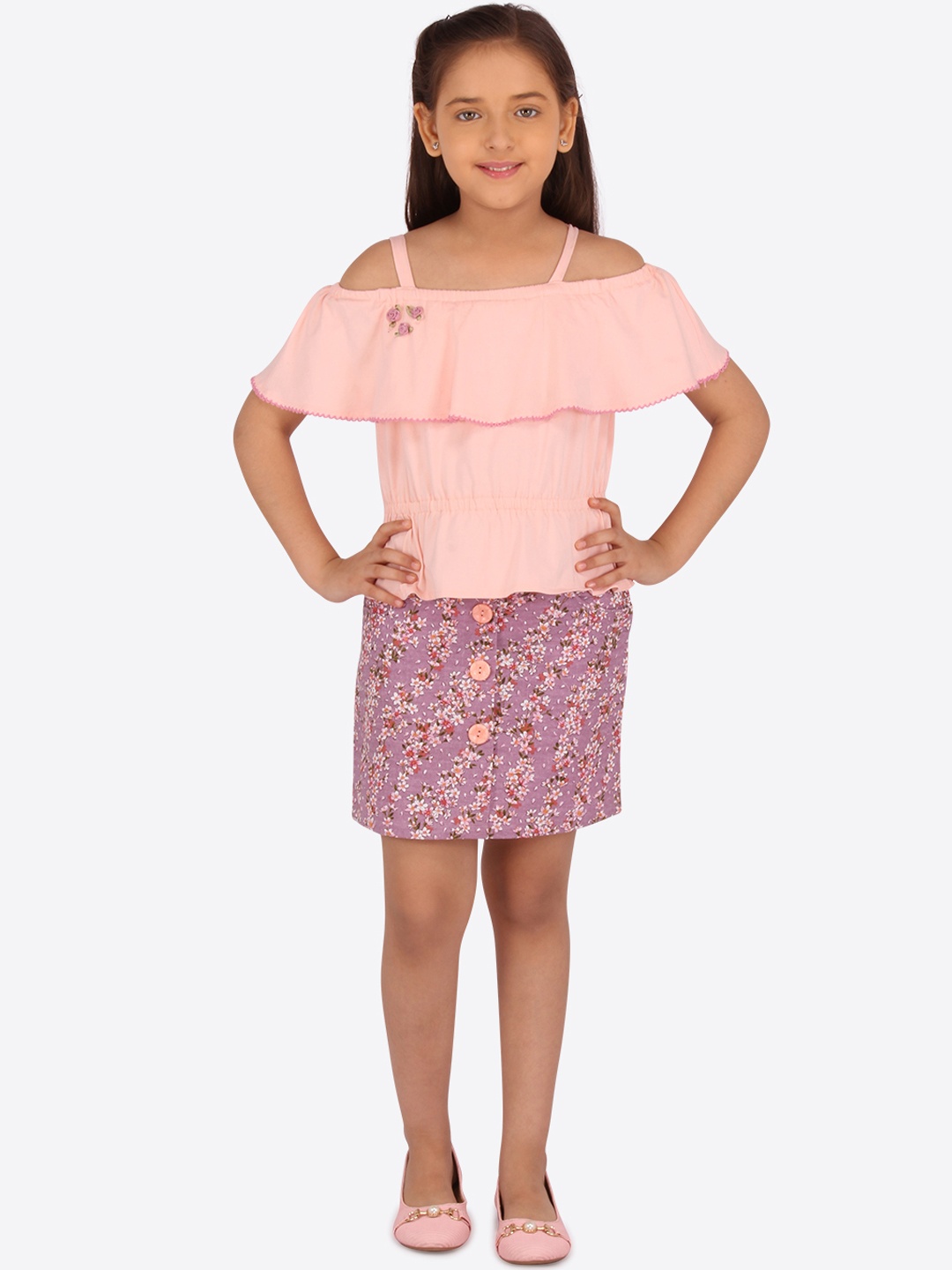 

CUTECUMBER Girls Peach-Coloured & Purple Solid Top with Skirt