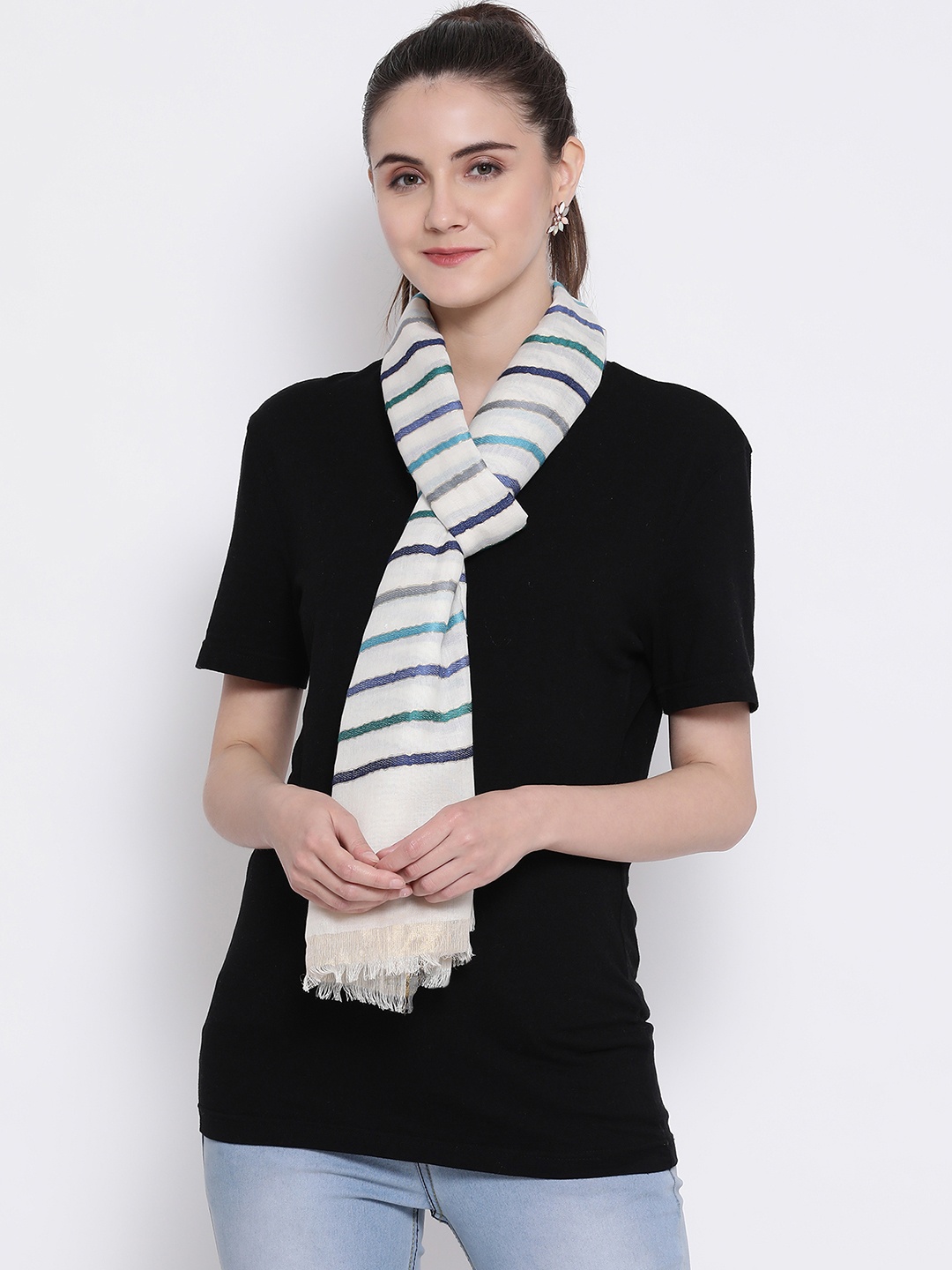 

SHINGORA Women Off-White & Blue Striped Stole