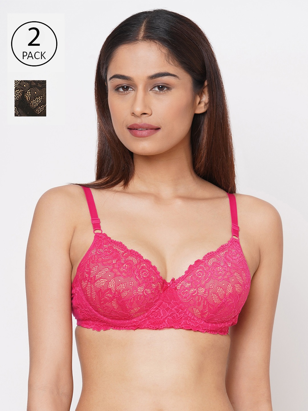 

Inner Sense Pink & Black Lace Underwired Non Padded T-shirt Bra ISB047