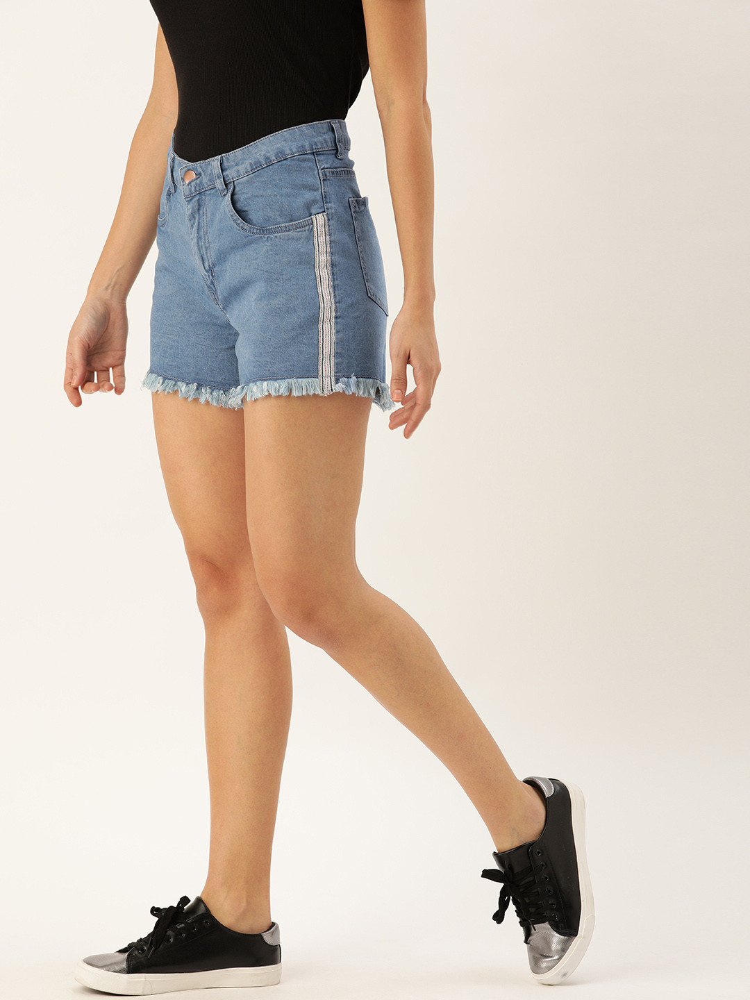 

DressBerry Women Blue Washed Regular Fit Denim Shorts With Fringed Hem & Side Stripes