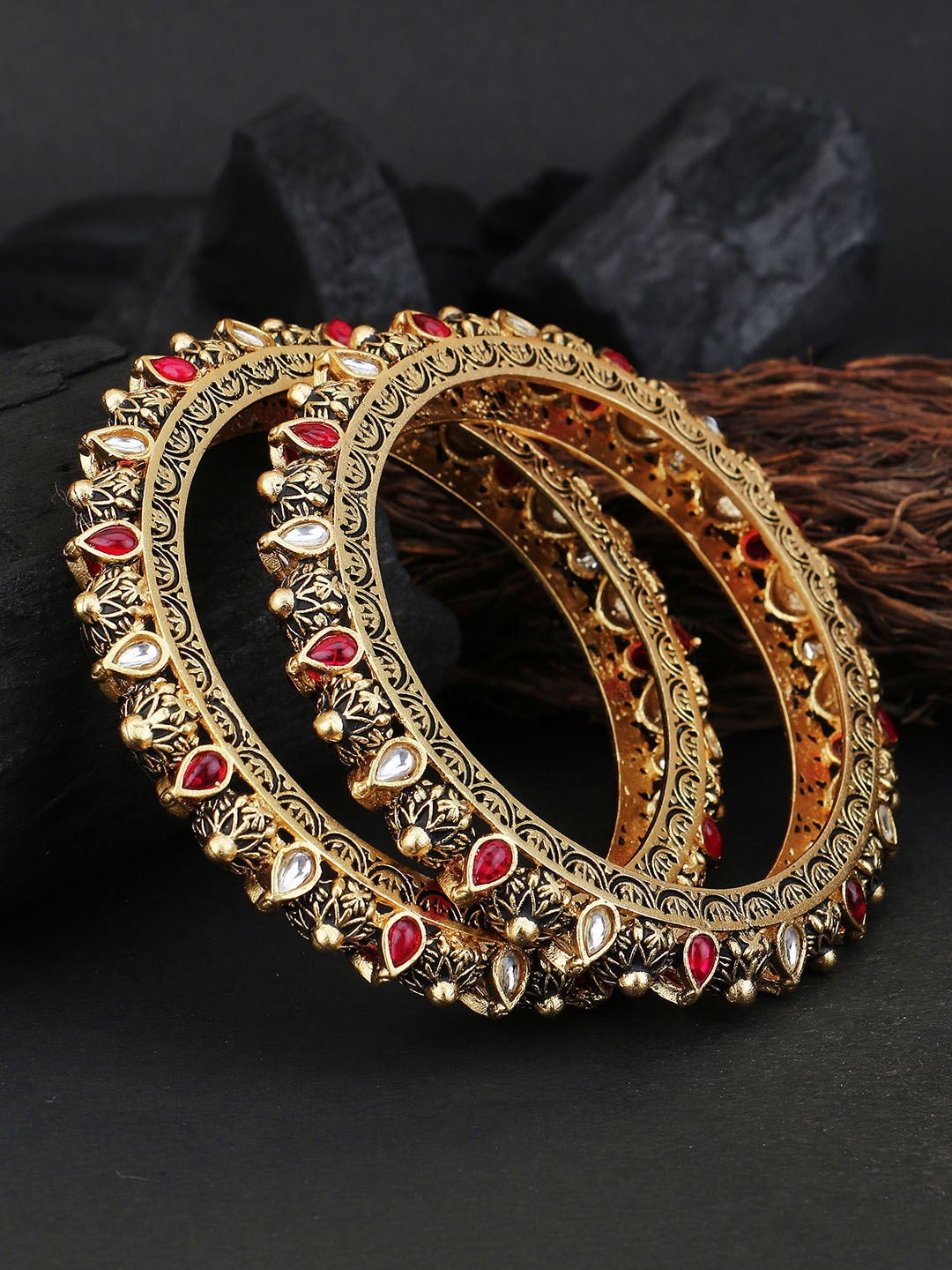 

Adwitiya Collection Set of 2 Gold-Plated Red & White Stone-Studded Handcrafted Bangles