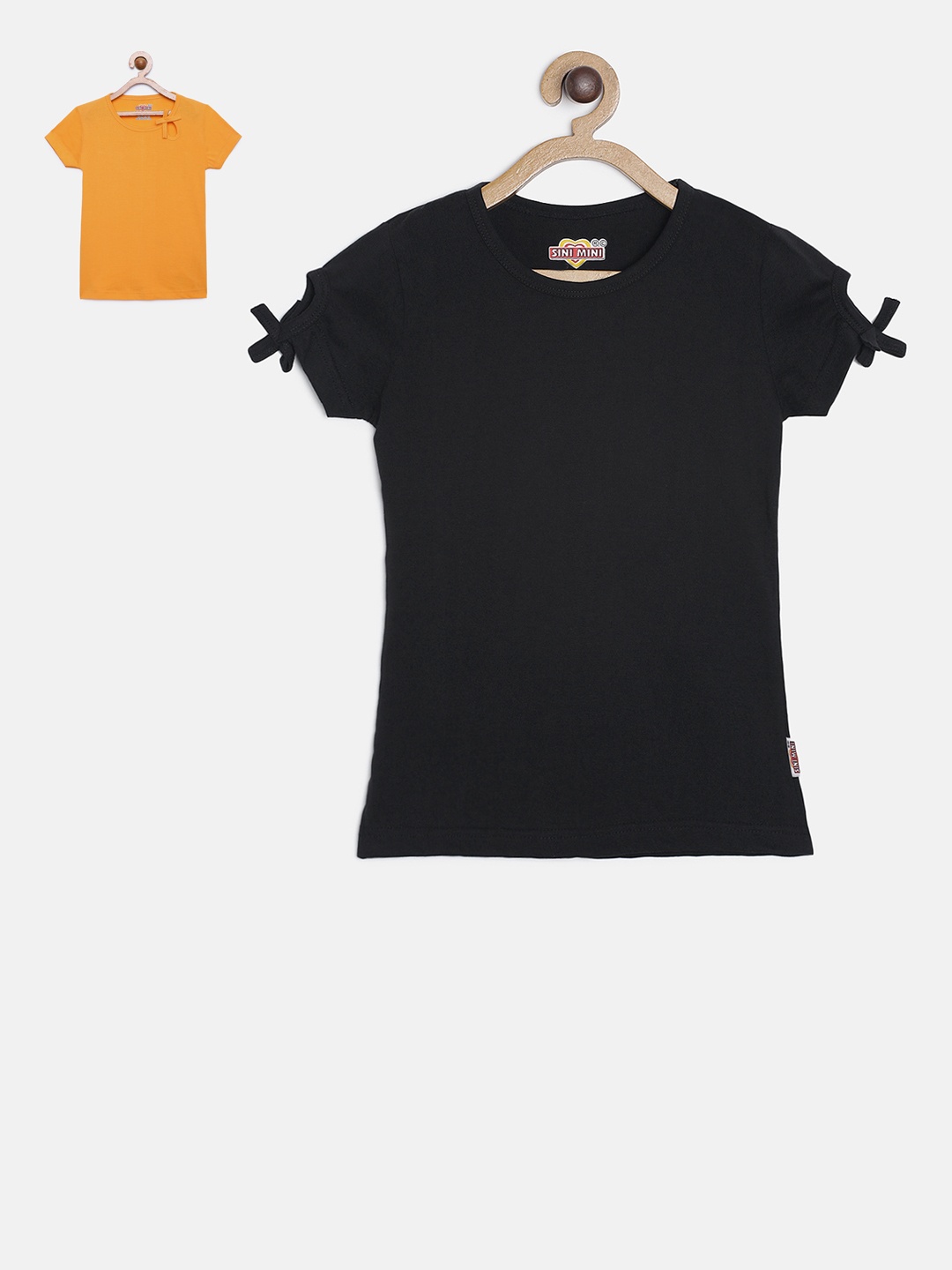 

SINI MINI Girls Set Of 2 Solid Round Neck T-shirts, Black