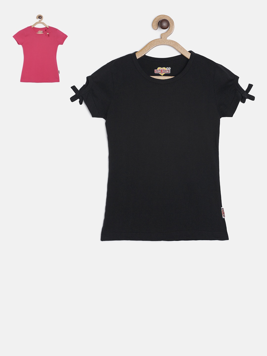 

SINI MINI Girls Pack of 2 Solid Round Neck T-shirts, Black
