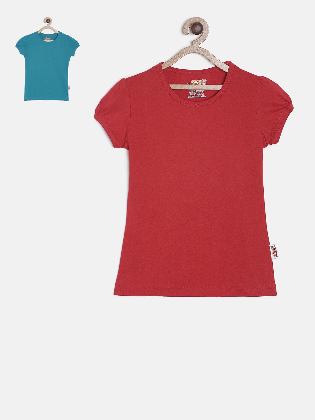 

SINI MINI Girls Pack of 2 Solid Round Neck T-shirts, Red
