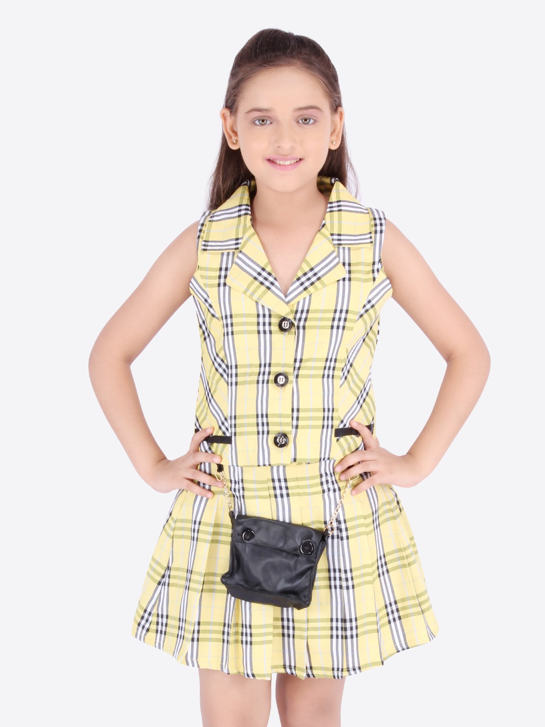 

CUTECUMBER Girls Yellow & Black Checked Top with Skirt & Sling Bag