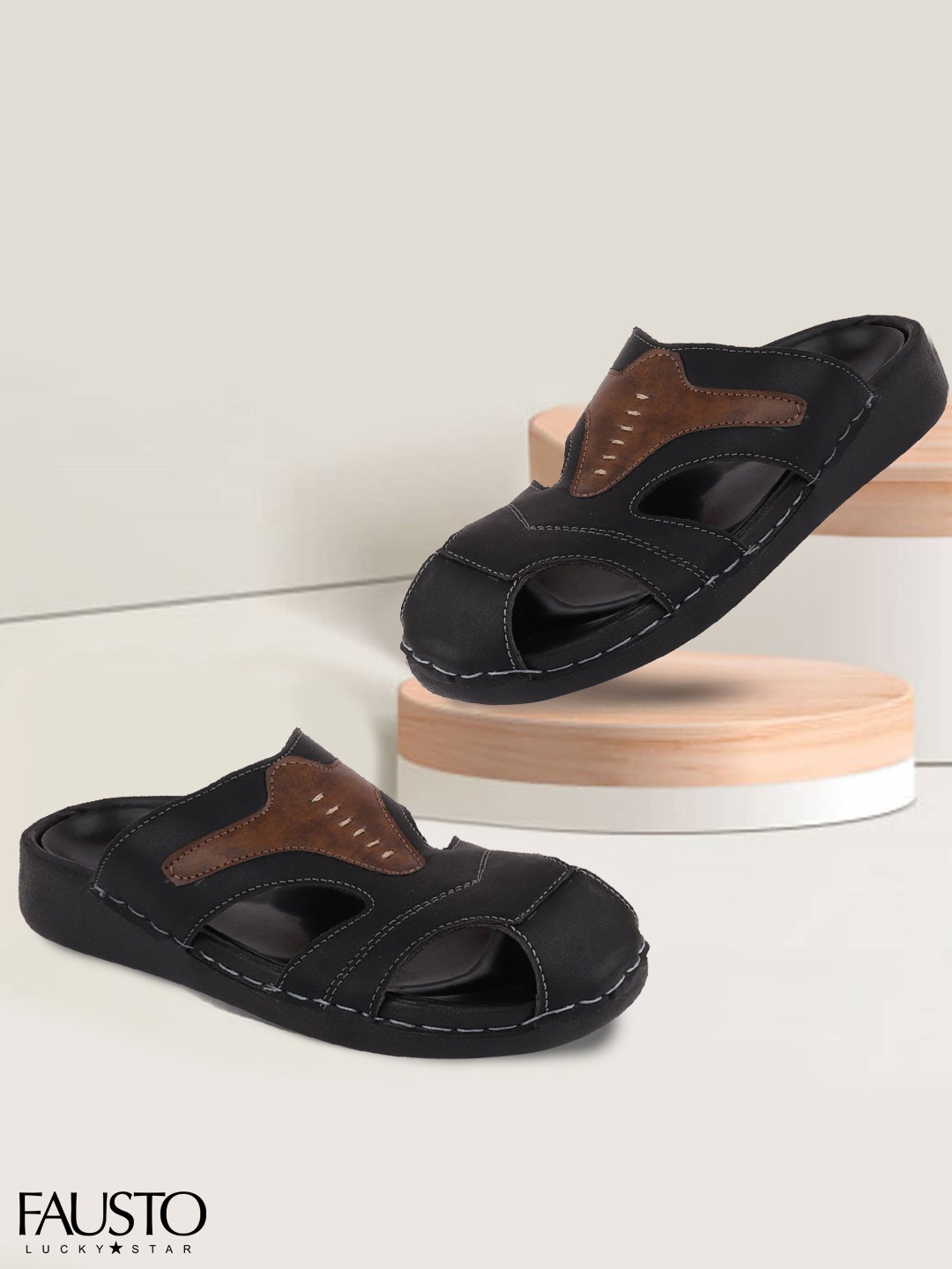

FAUSTO Men Black & Brown Colourblocked Comfort Sandals
