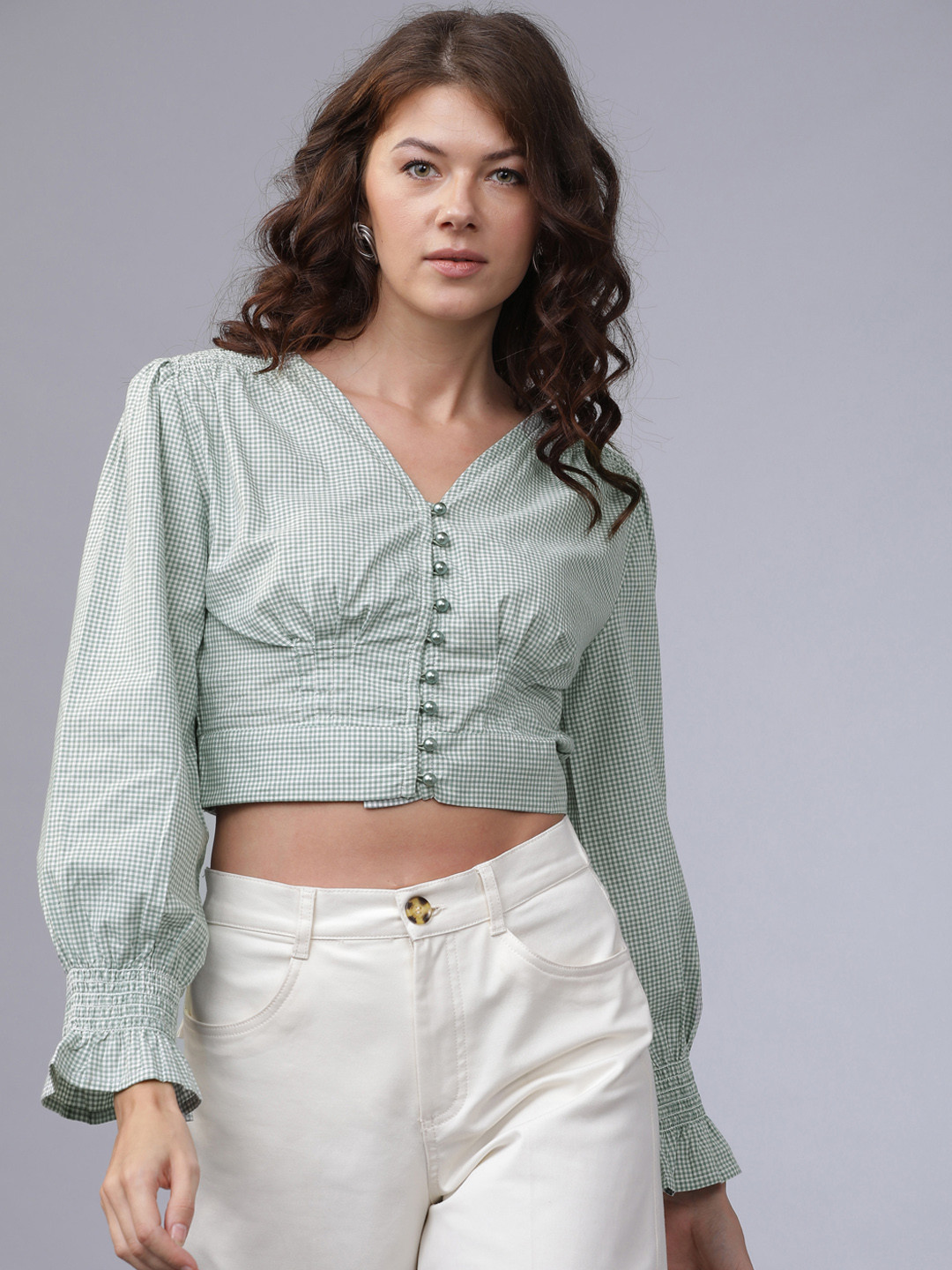

Tokyo Talkies Women Green & Off-White Checked Empire Crop Pure Cotton Top