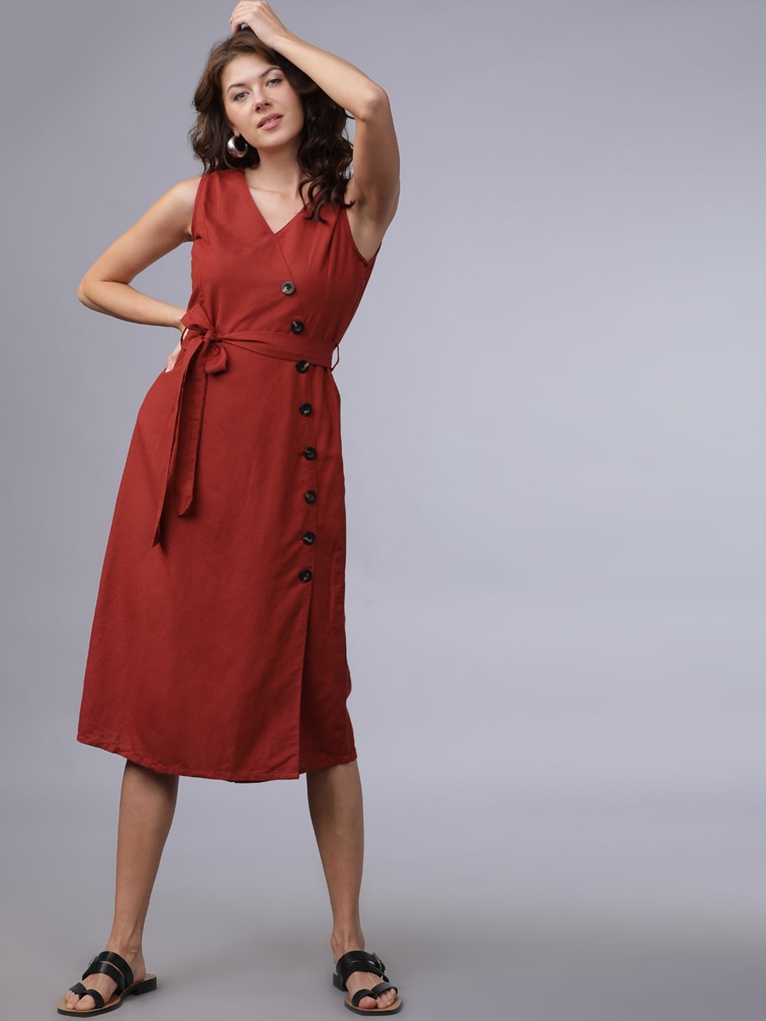 

Tokyo Talkies Women Rust Red Solid Wrap Dress