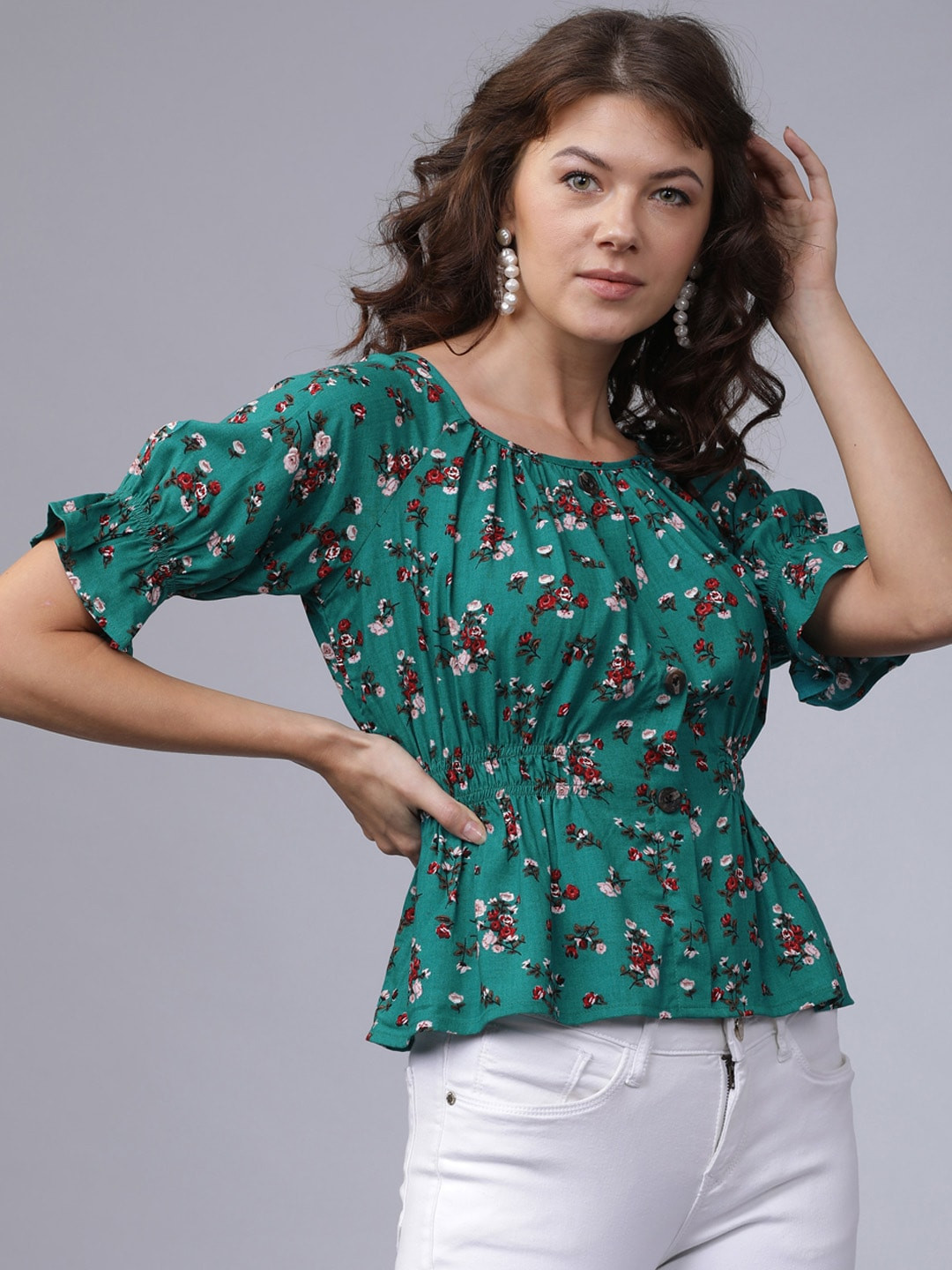 

Tokyo Talkies Women Green Printed Cinched Waist Top