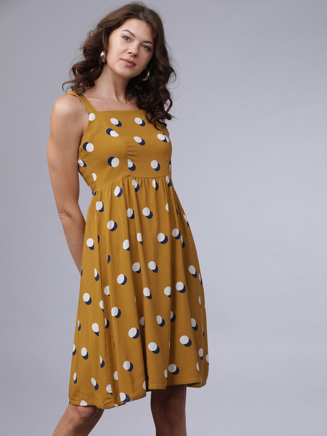 

Tokyo Talkies Women Mustard Polka Dots Printed Fit and Flare Dress