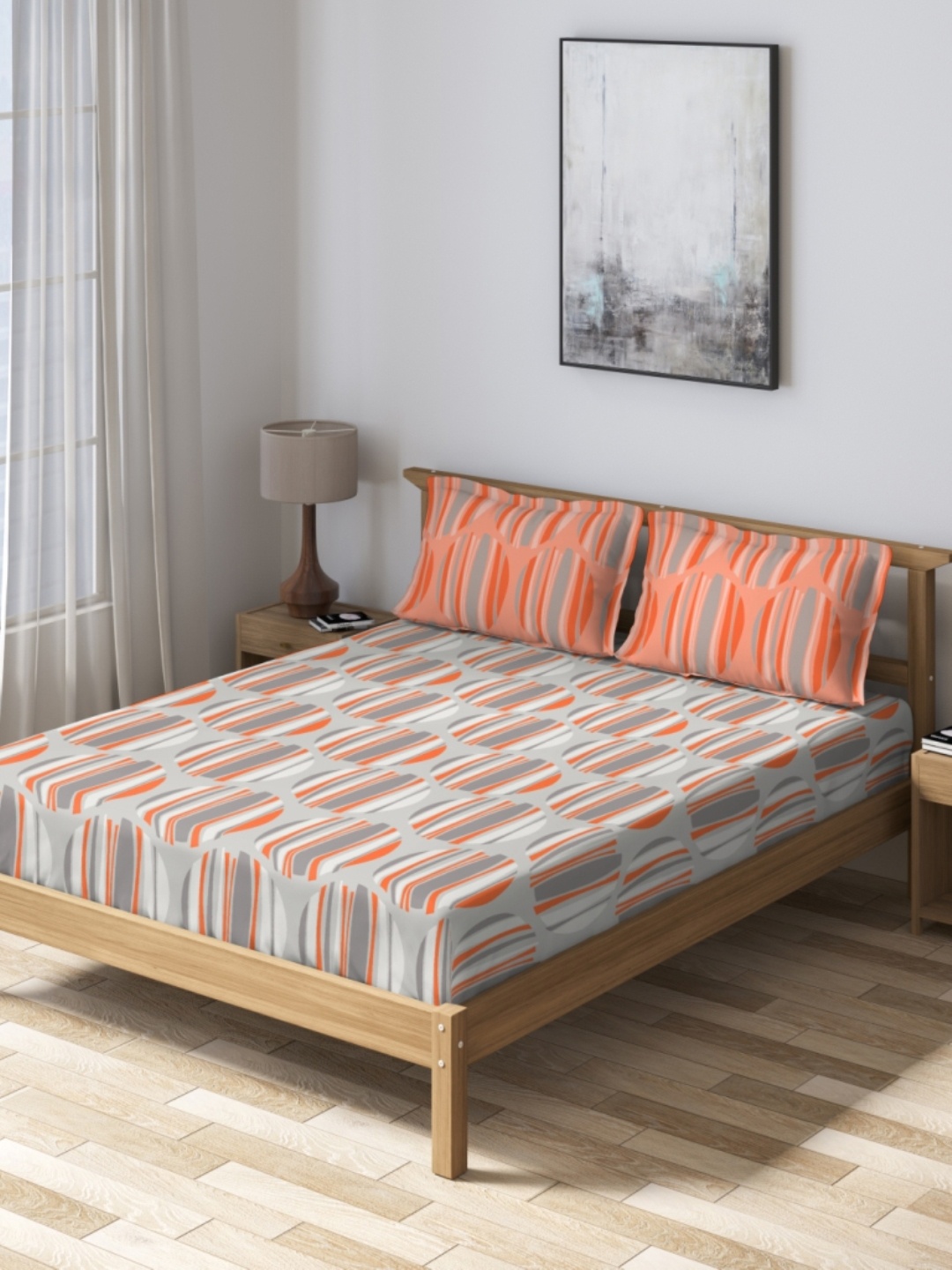 

DDecor Orange & Grey Geometric 160 TC Cotton 1 Queen Bedsheet with 2 Pillow Covers