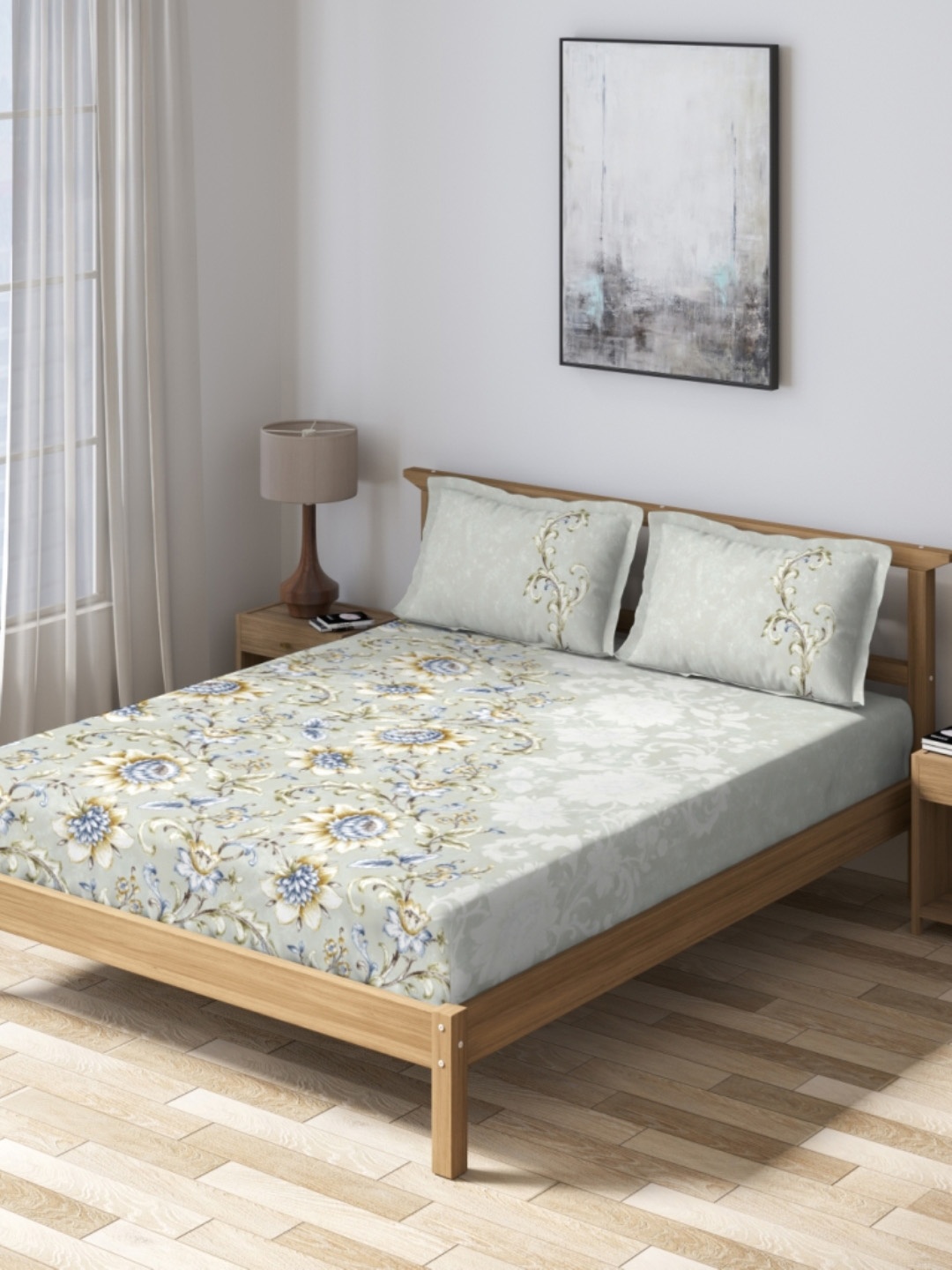 DDecor Blue & Grey Floral 160 TC Cotton 1 Queen Bedsheet with 2 Pillow Covers