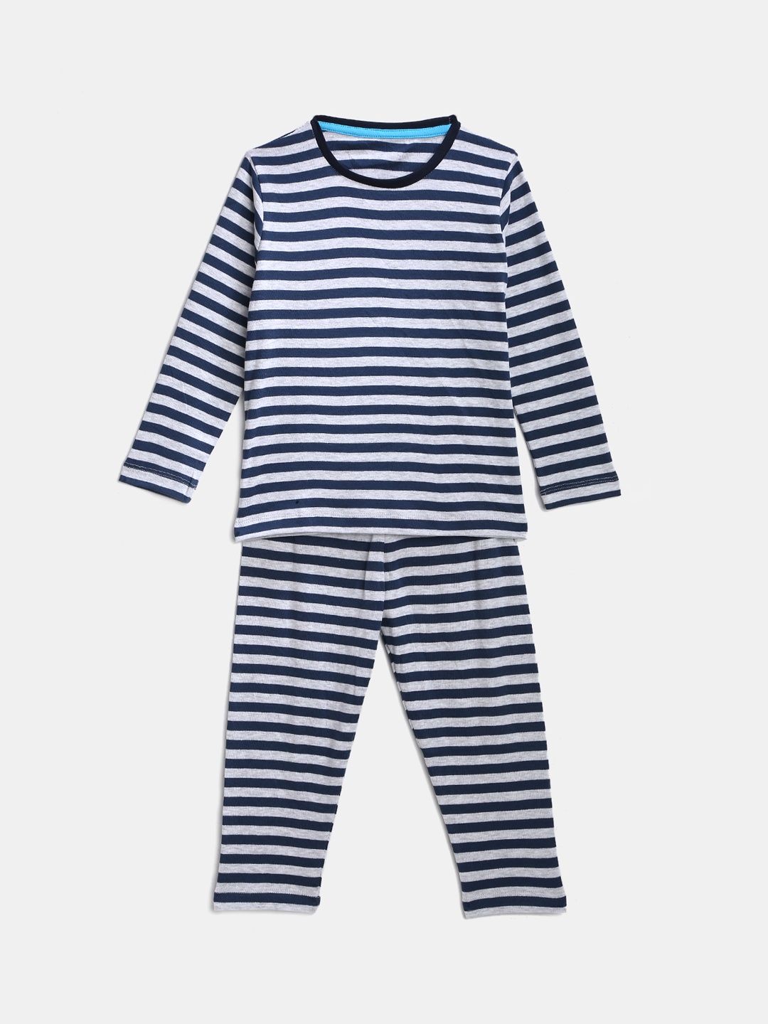 

KIDSCRAFT Boys Grey Melange & Navy Blue Striped Night suit