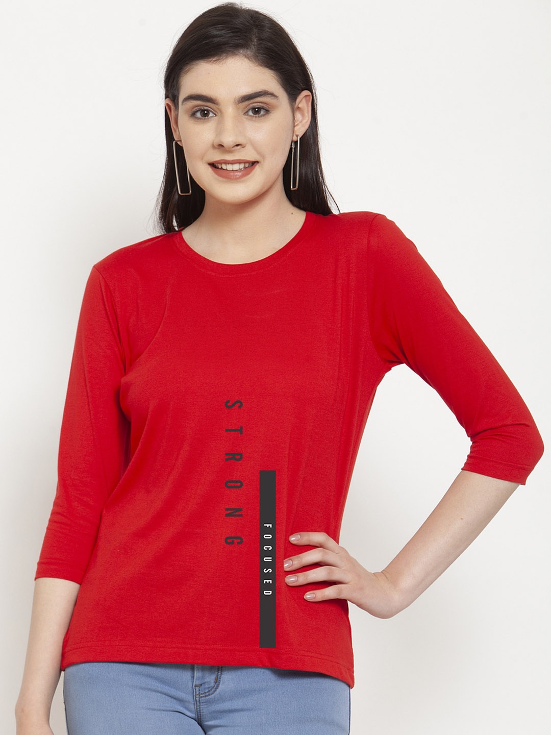 

Friskers Women Red Printed Round Neck T-shirt