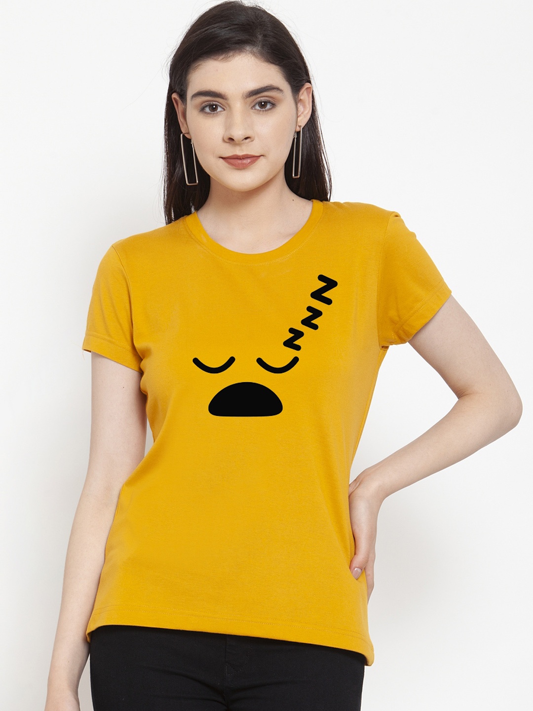 

Friskers Women Mustard Printed Round Neck T-shirt