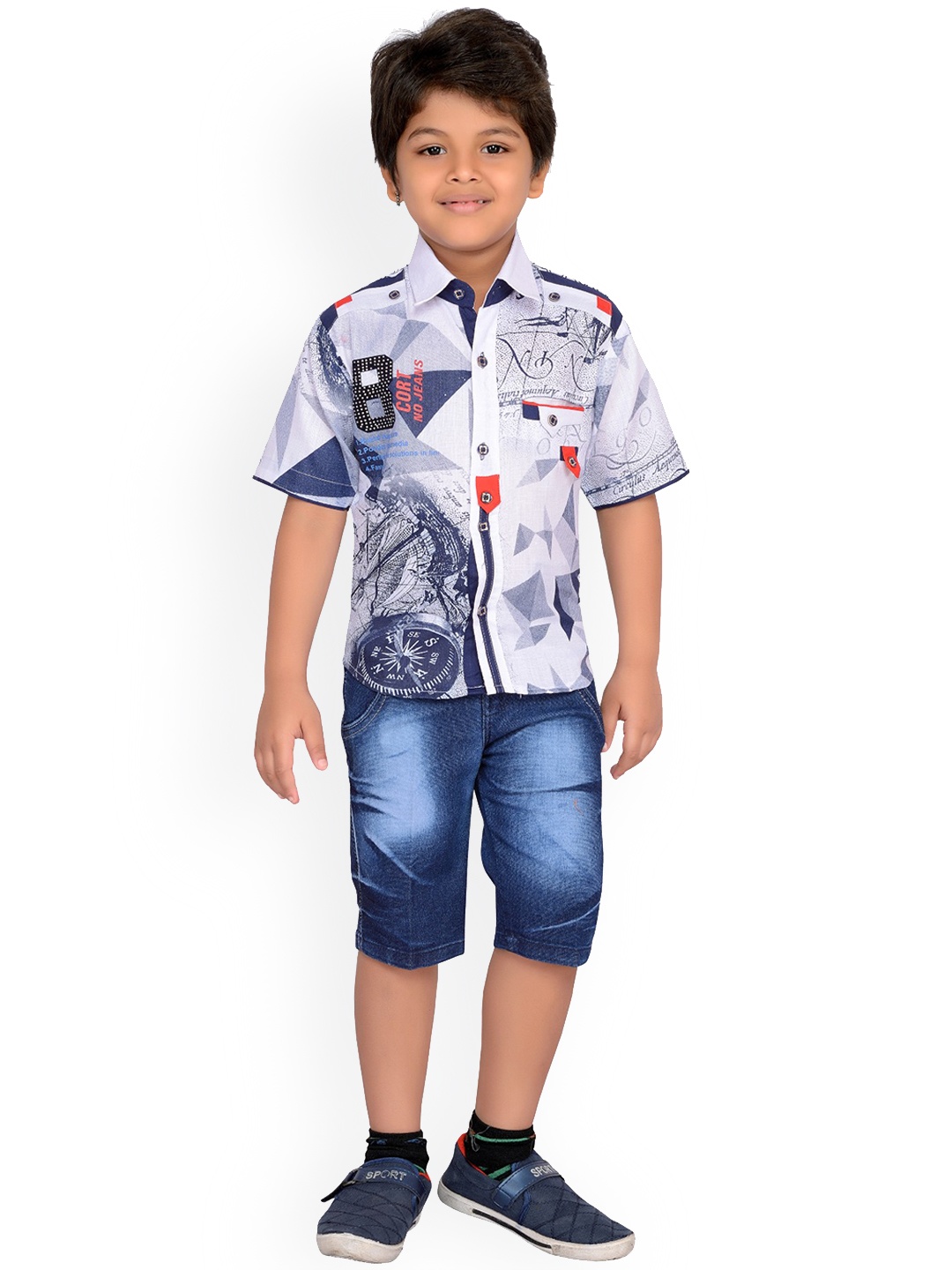 

Kidling Boys White & Blue Printed Shirt with Denim Shorts