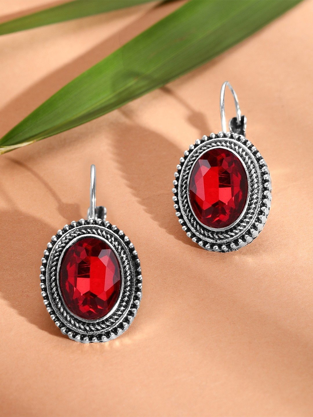 

Rubans Silver-Plated & Red Oval Oxidised Handcrafted Drop Earrings