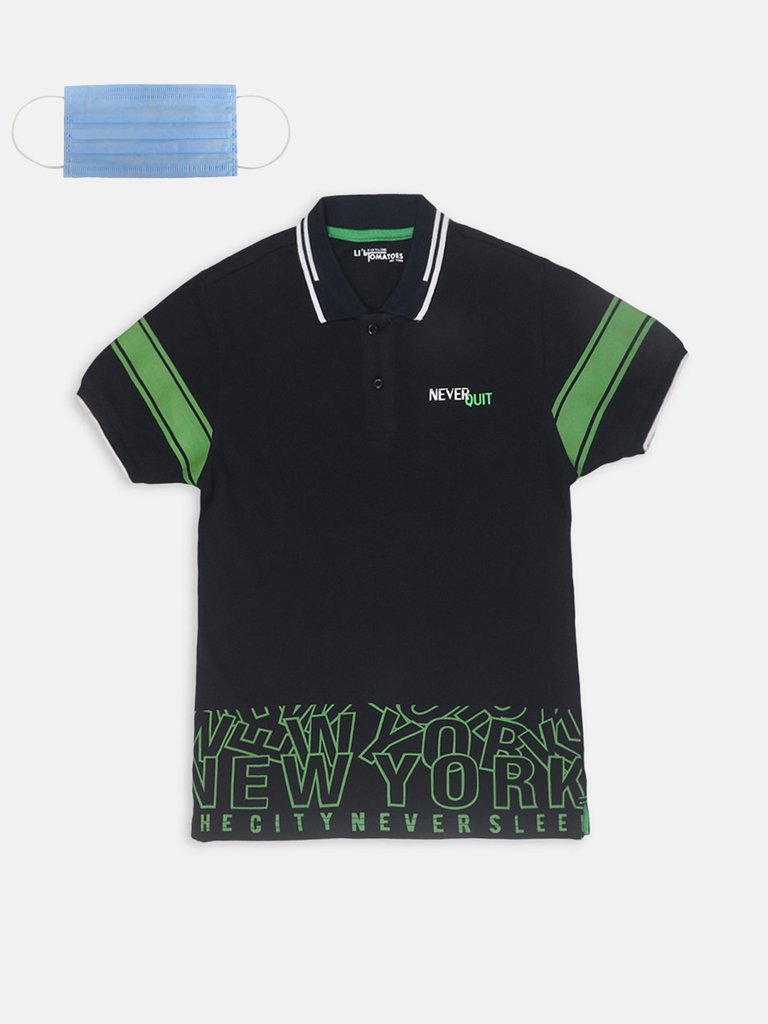 

Lil Tomatoes Boys Navy Blue Green Printed Polo Collar T-shirt