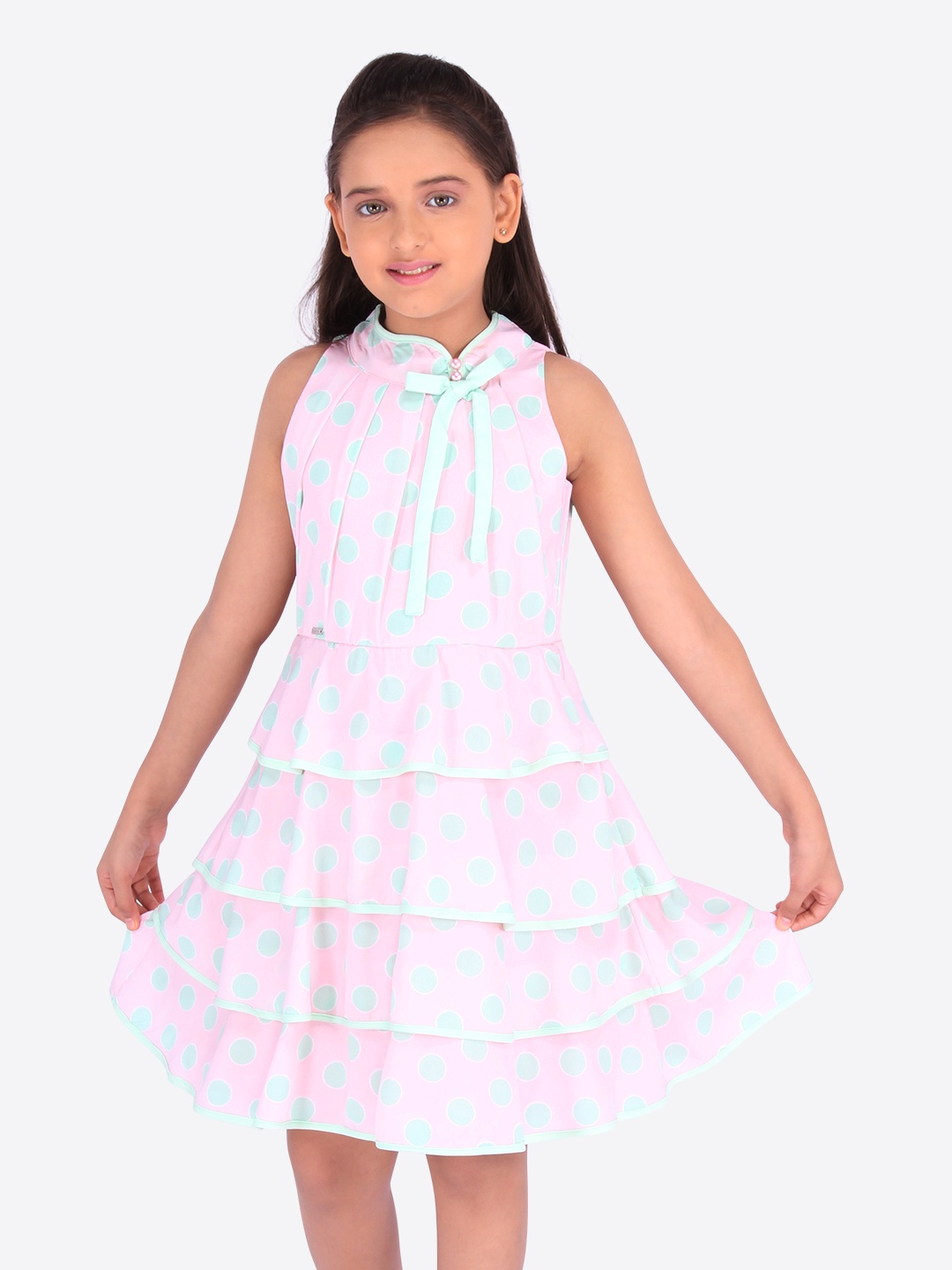 

CUTECUMBER Girls Pink & Green Printed Fit and Flare Dress