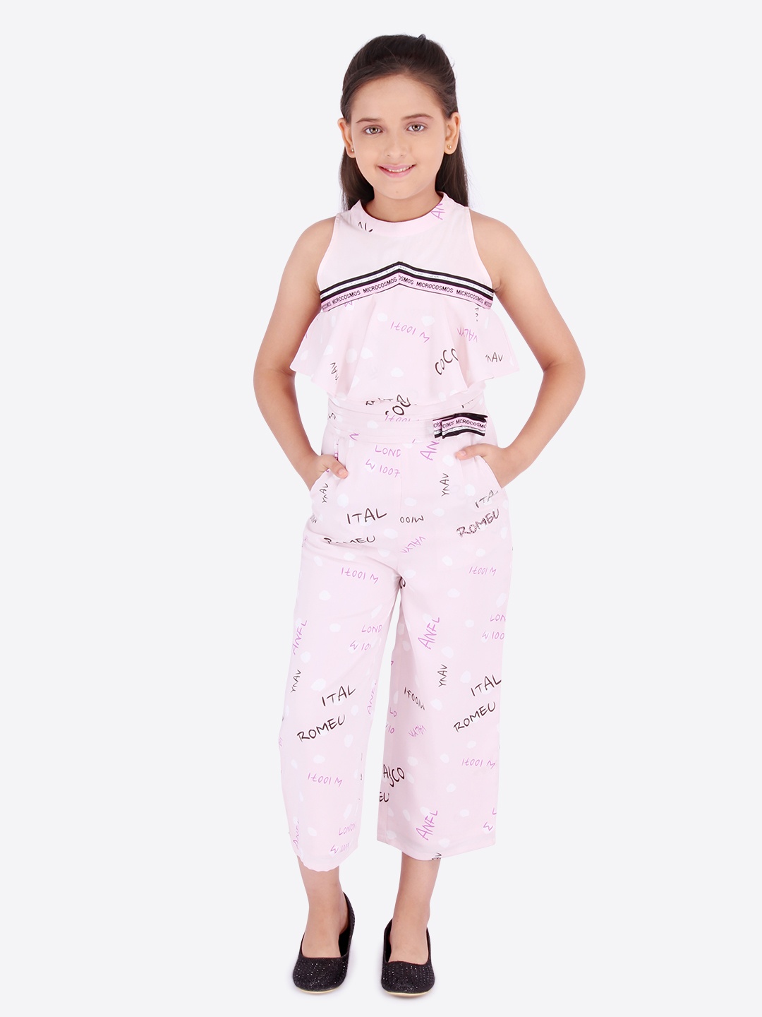 

CUTECUMBER Girls Pink & Black Printed Culotte Jumpsuit