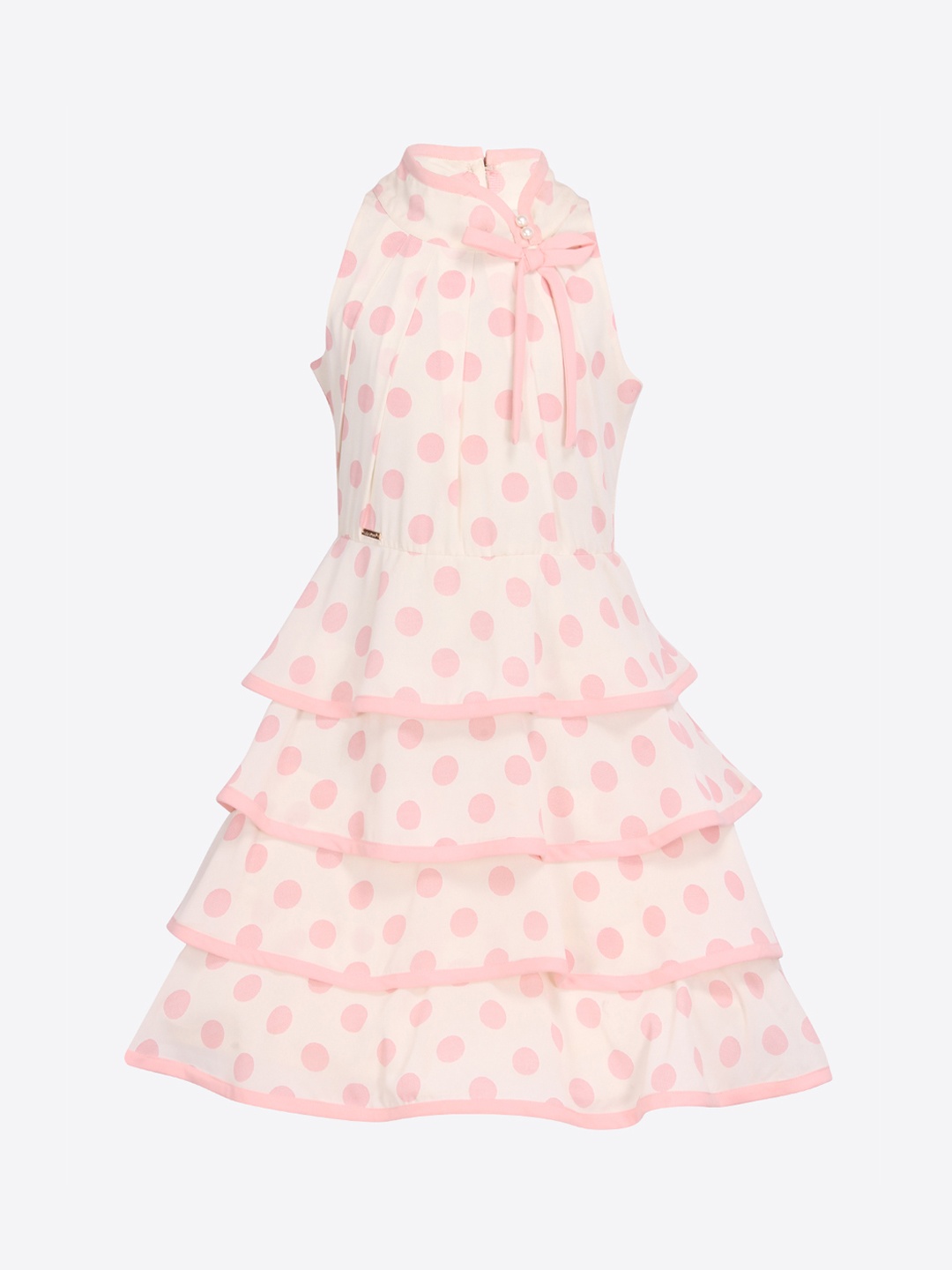 

CUTECUMBER Girls Cream & Pink Polka Dots Print Fit and Flare Dress