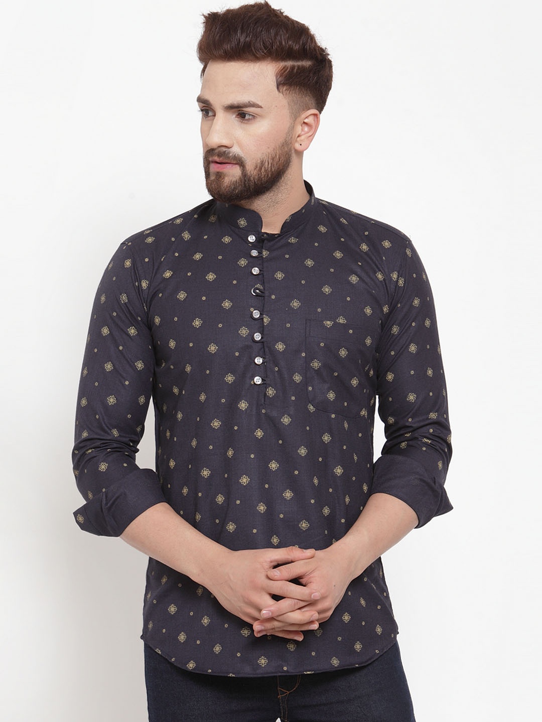 

KLOTTHE Men Navy Blue Printed Straight Fusion Kurta