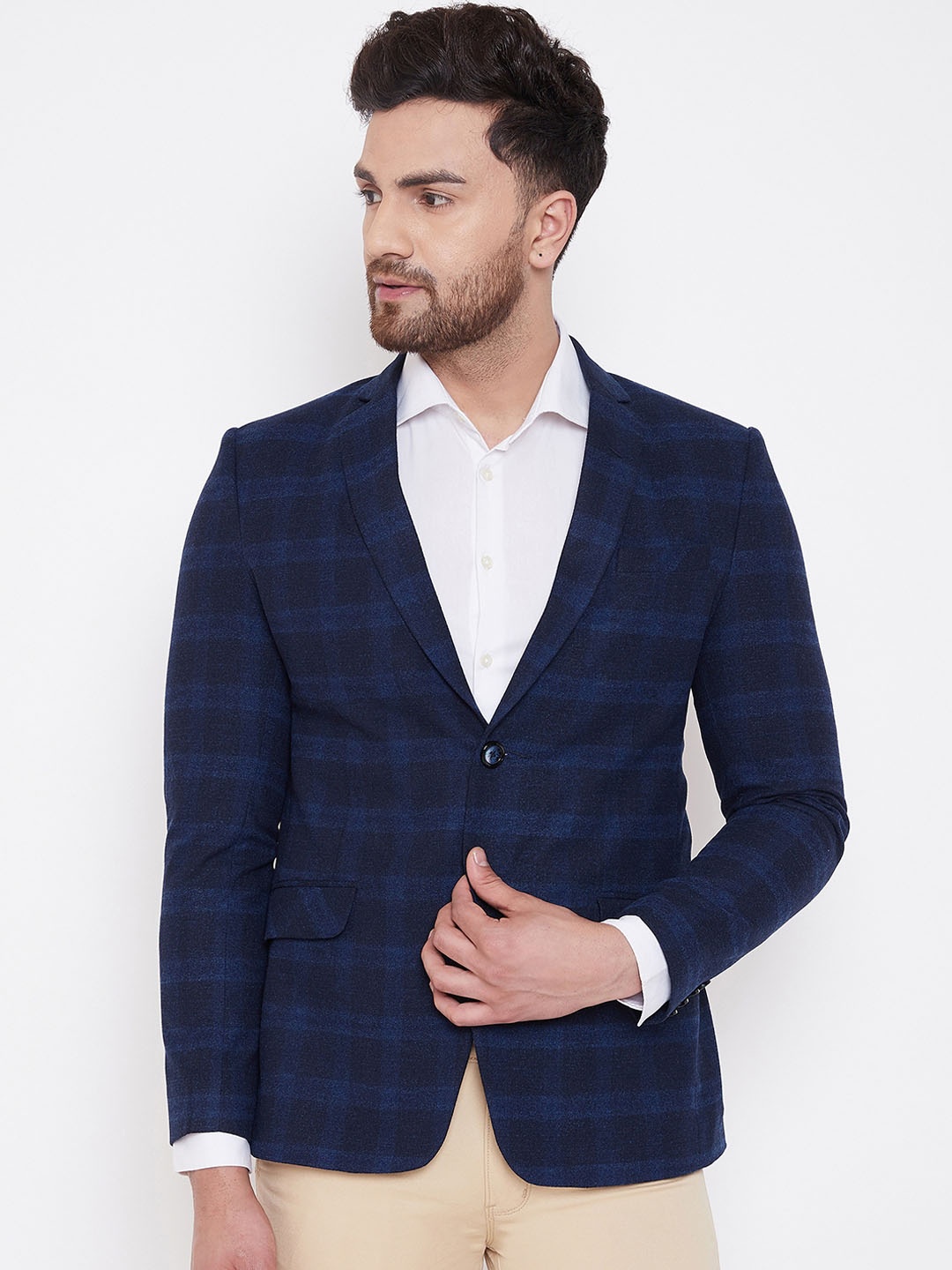 

Spirit Men Blue Checked Tailored-Fit Single-Breasted Formal Blazer