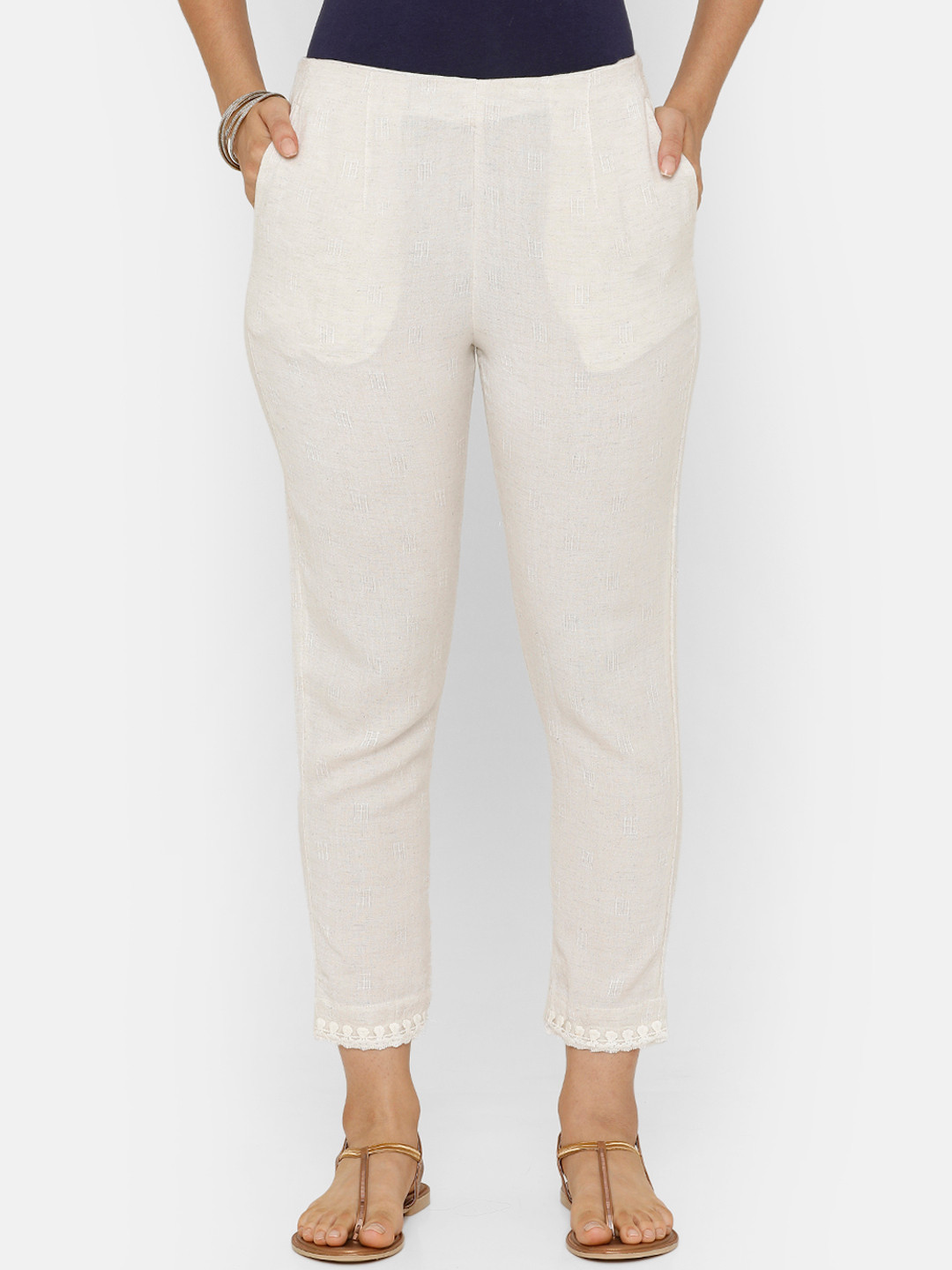

De Moza Women Off-White Tapered Fit Self Design Cigarette Trousers