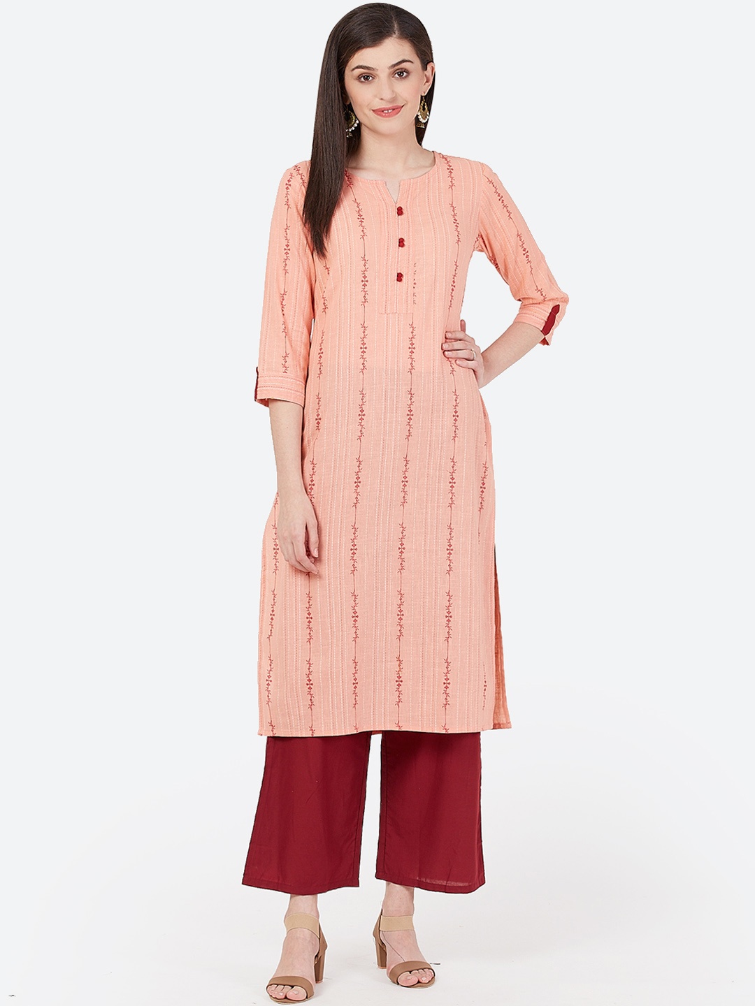 

Meeranshi Women Peach-Coloured & Red Striped Straight Kurta