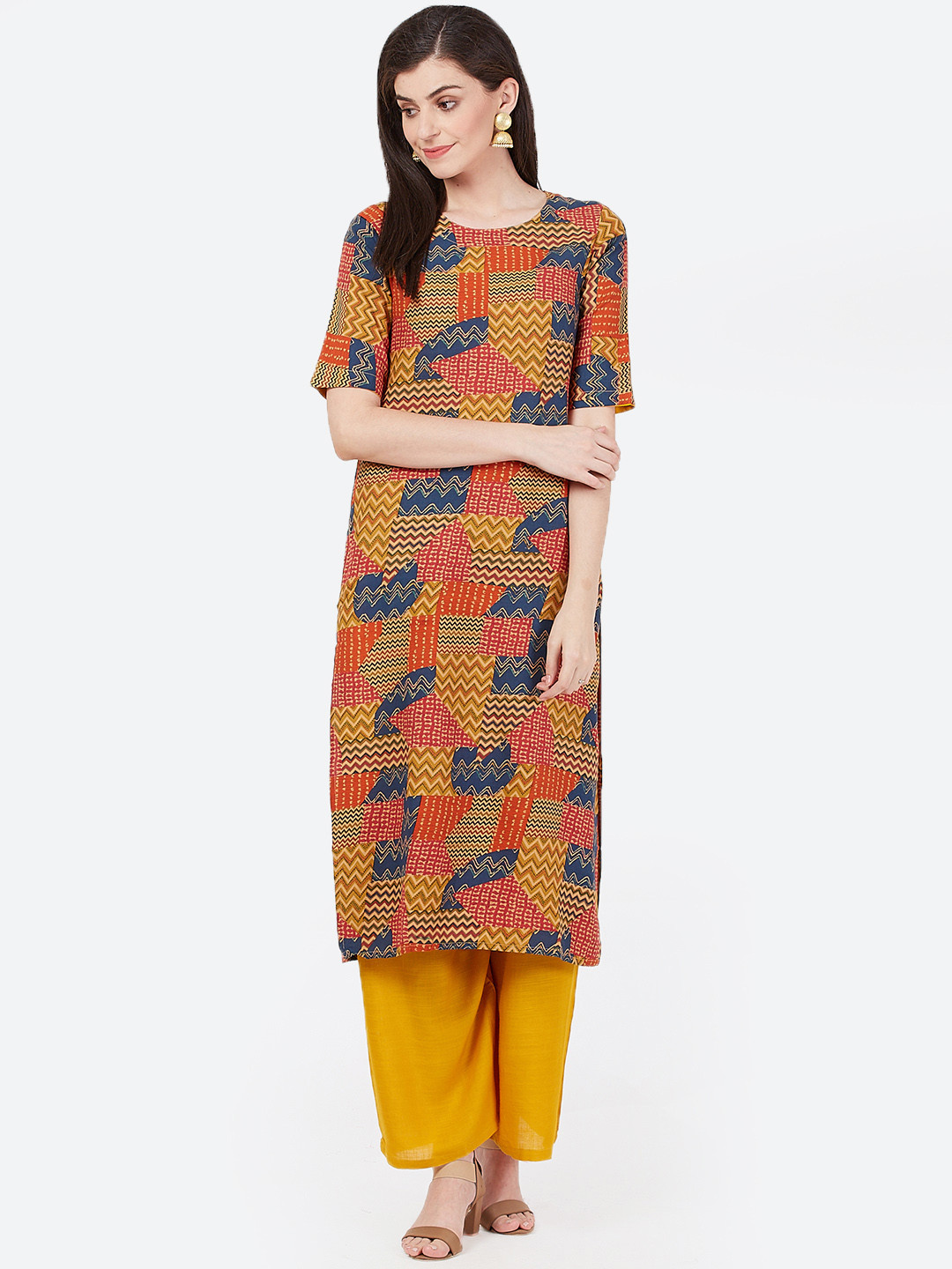 

Meeranshi Women Mustard & Blue Printed Straight Kurta