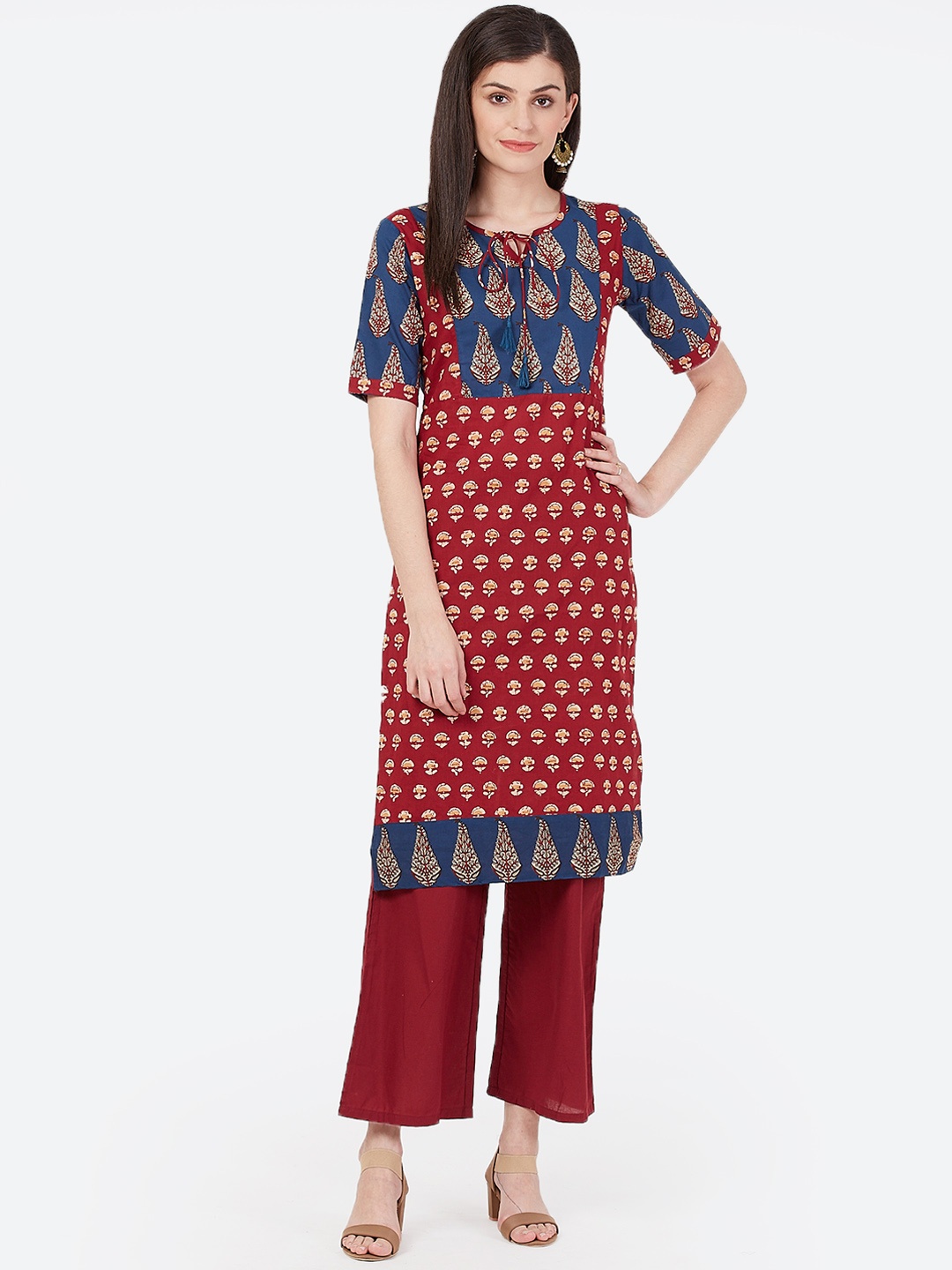

Meeranshi Women Maroon Printed Straight Kurta