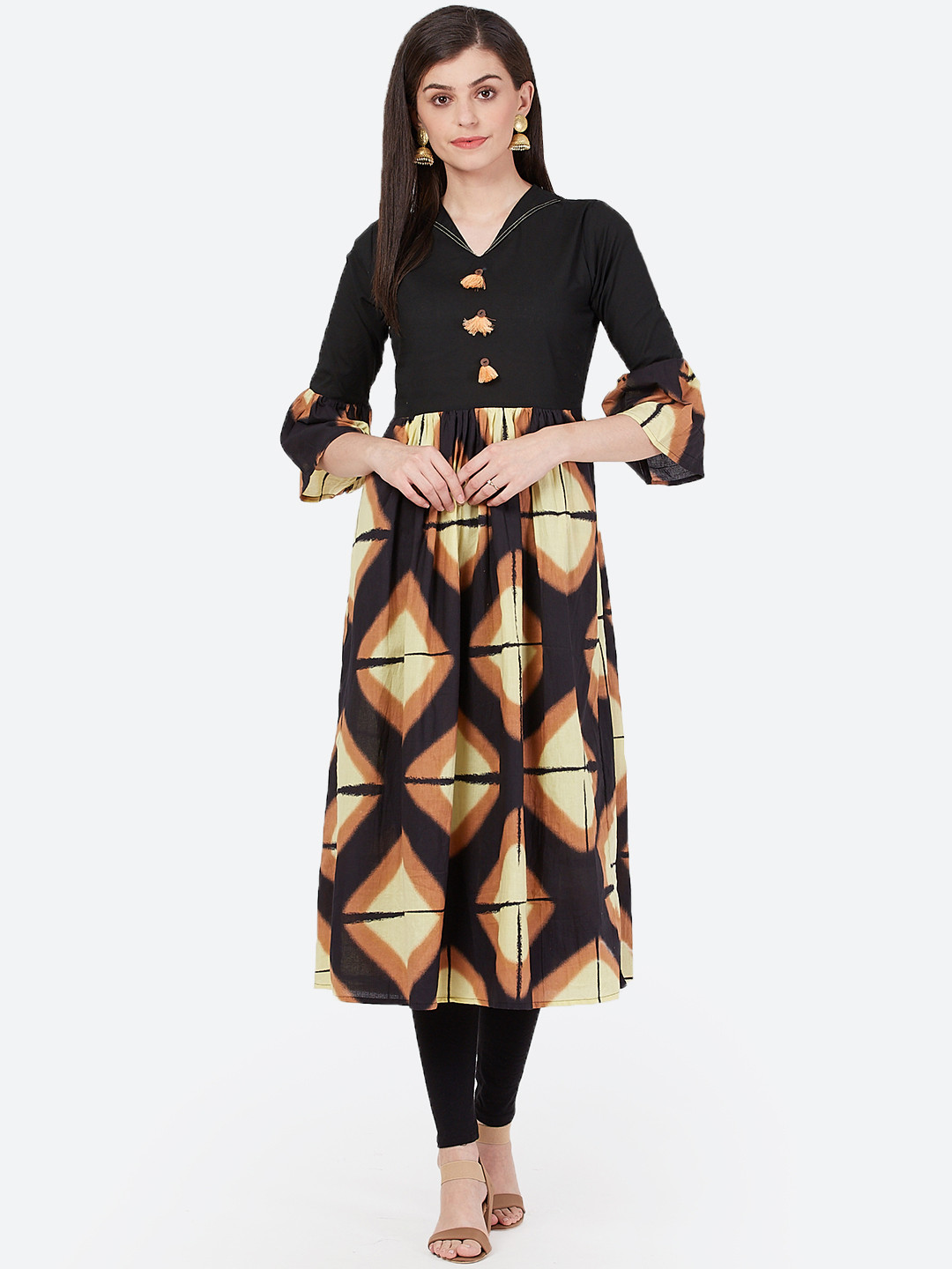 

Meeranshi Women Black & Yellow Printed A-Line Kurta
