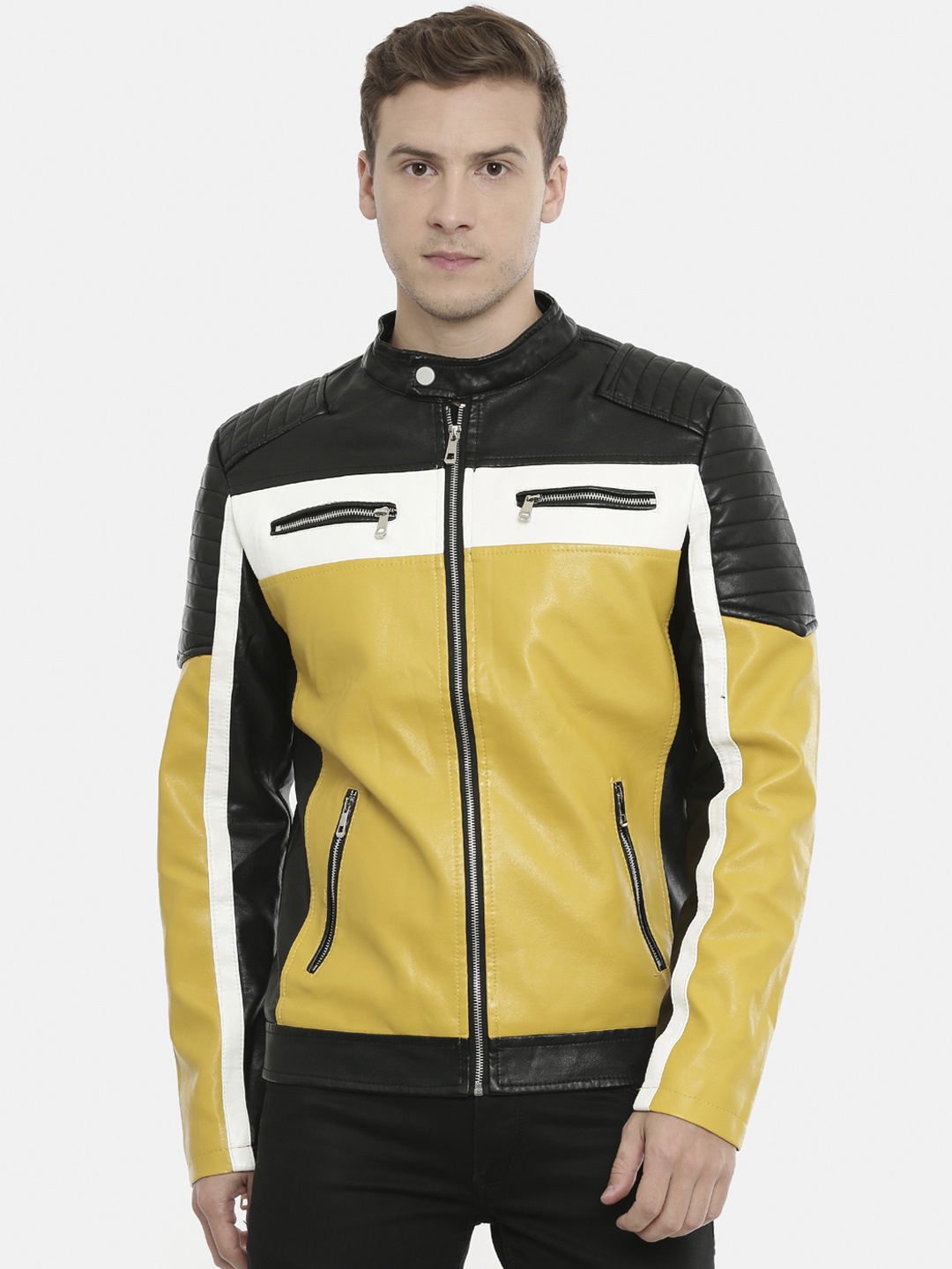 

SHOWOFF Men Yellow & Black Colourblocked Water Resistant Biker Jacket