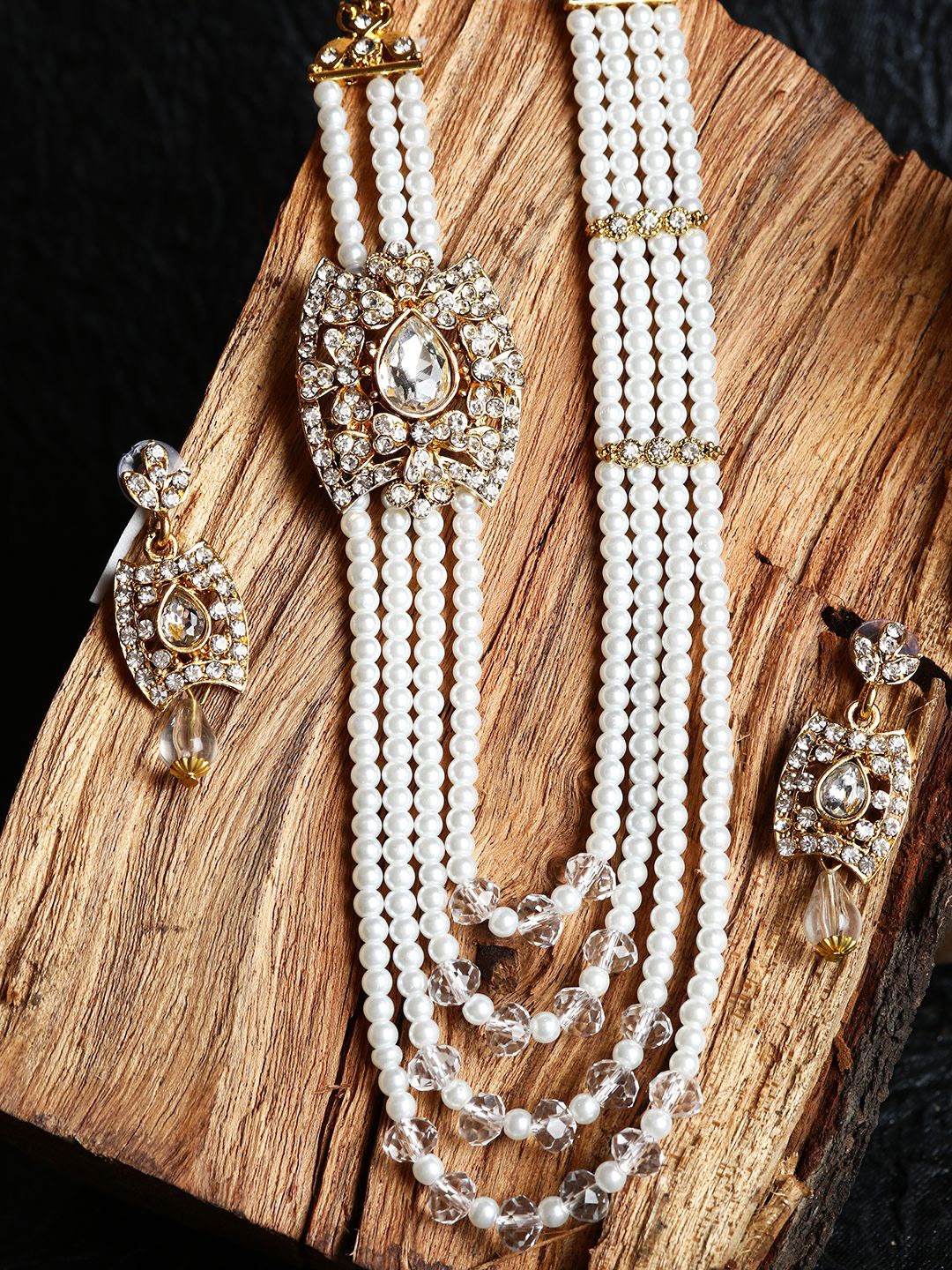 

ANIKAS CREATION Gold-Plated White Stone-Studded Beaded Handcrafted Traditional Jewellery Set