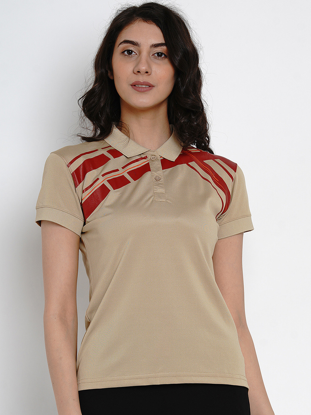 

ARMISTO Women Beige Striped Polo Collar DRI-FIT T-shirt