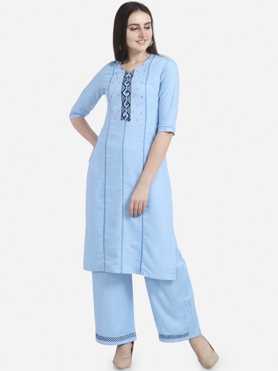 

Kvsfab Women Turquoise Blue Yoke Design Kurta with Palazzos